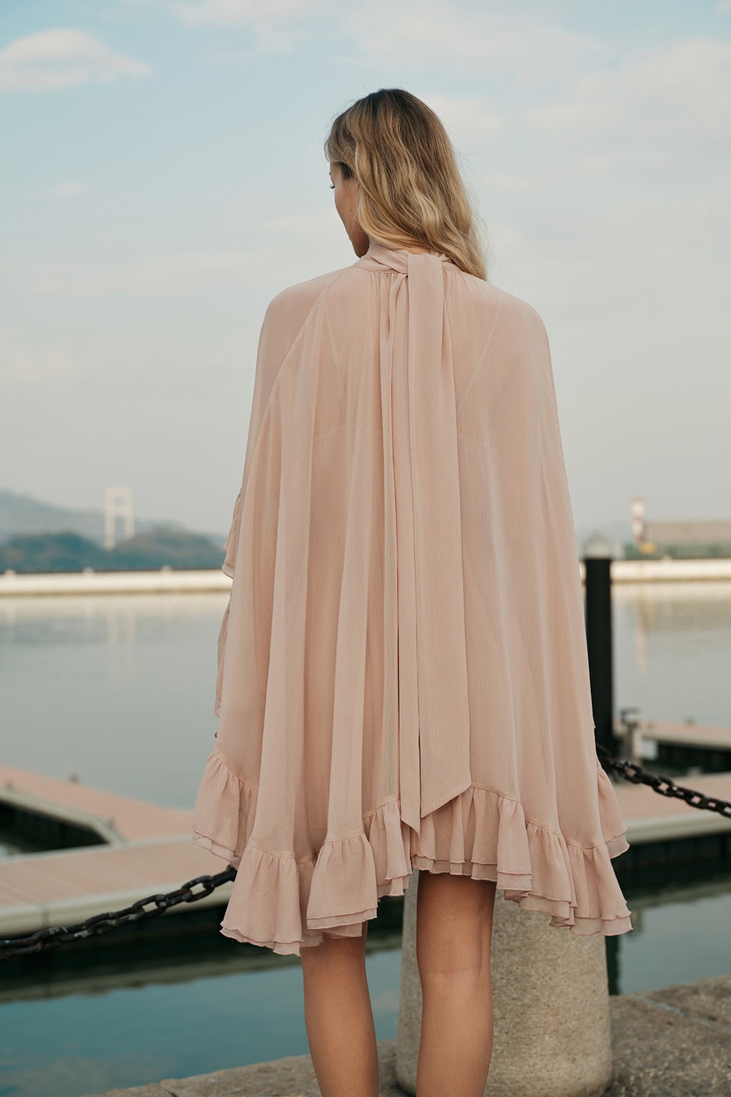 Chiffon Ruffle Mini Dress With Cape Overlay - 4