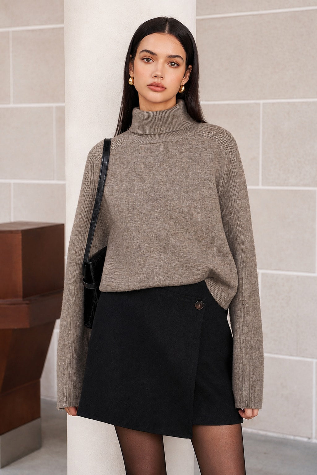 Brown Ribbed Knit Turtleneck Sweater - 7