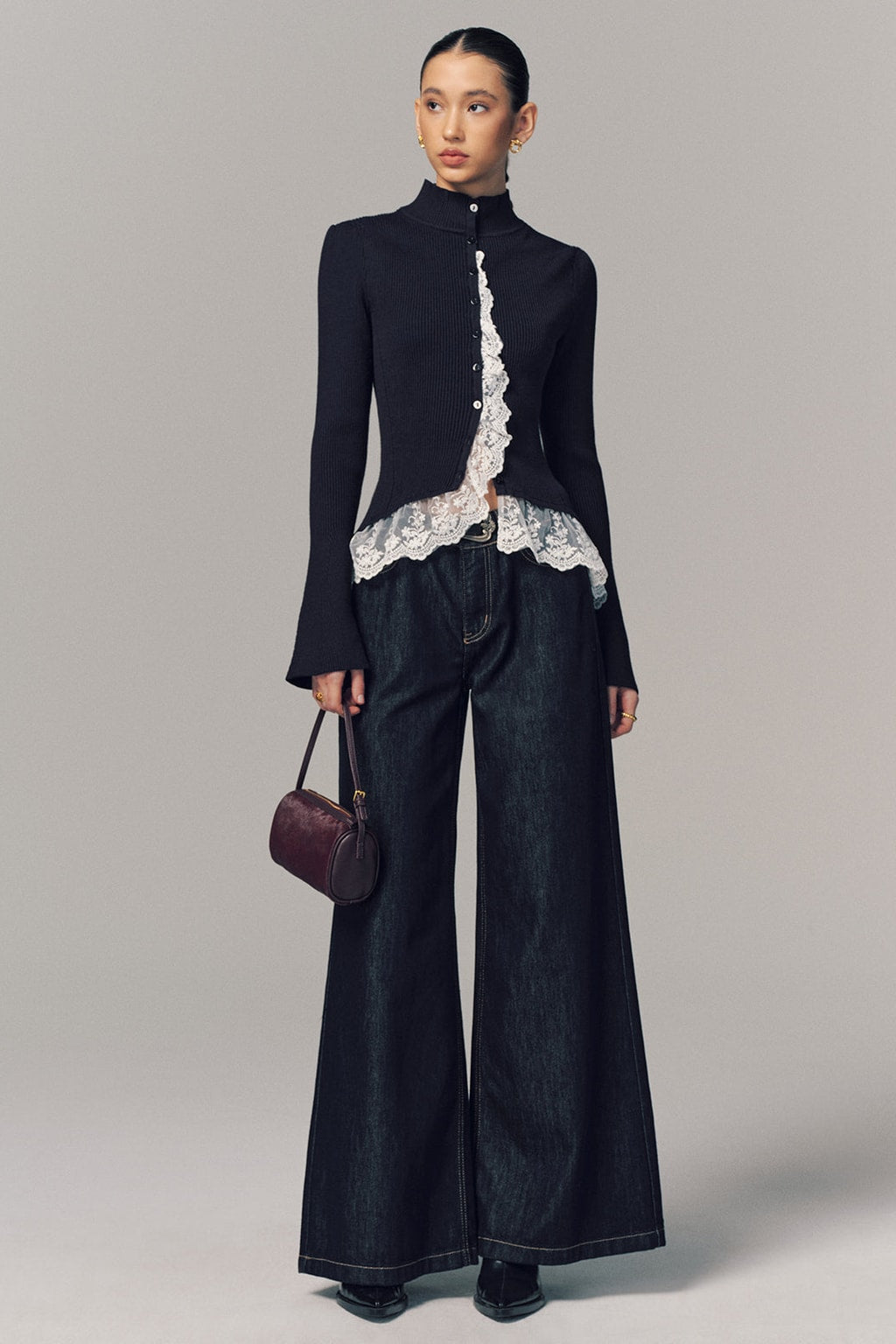 Ribbed Knit Mock Neck Cardigan With Lace Trim - 5