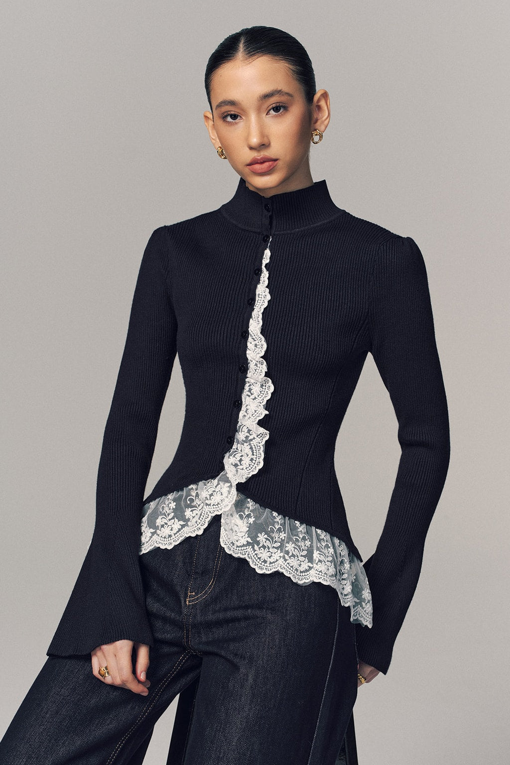 Ribbed Knit Mock Neck Cardigan With Lace Trim - 3