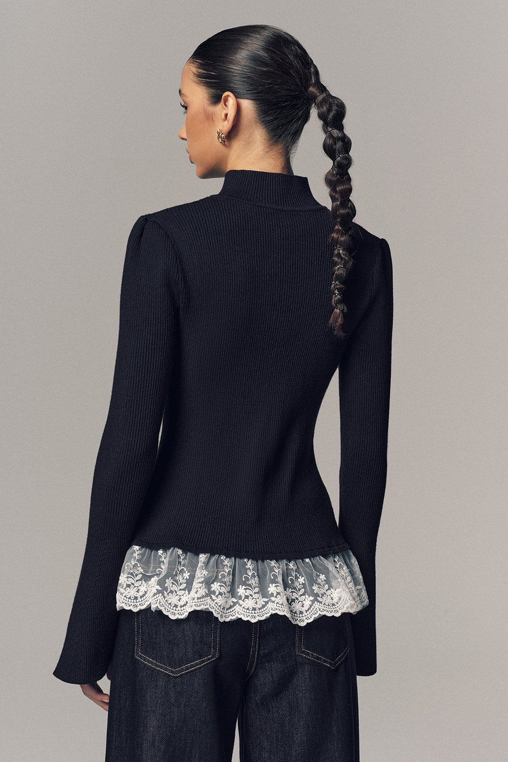 Ribbed Knit Mock Neck Cardigan With Lace Trim - 4