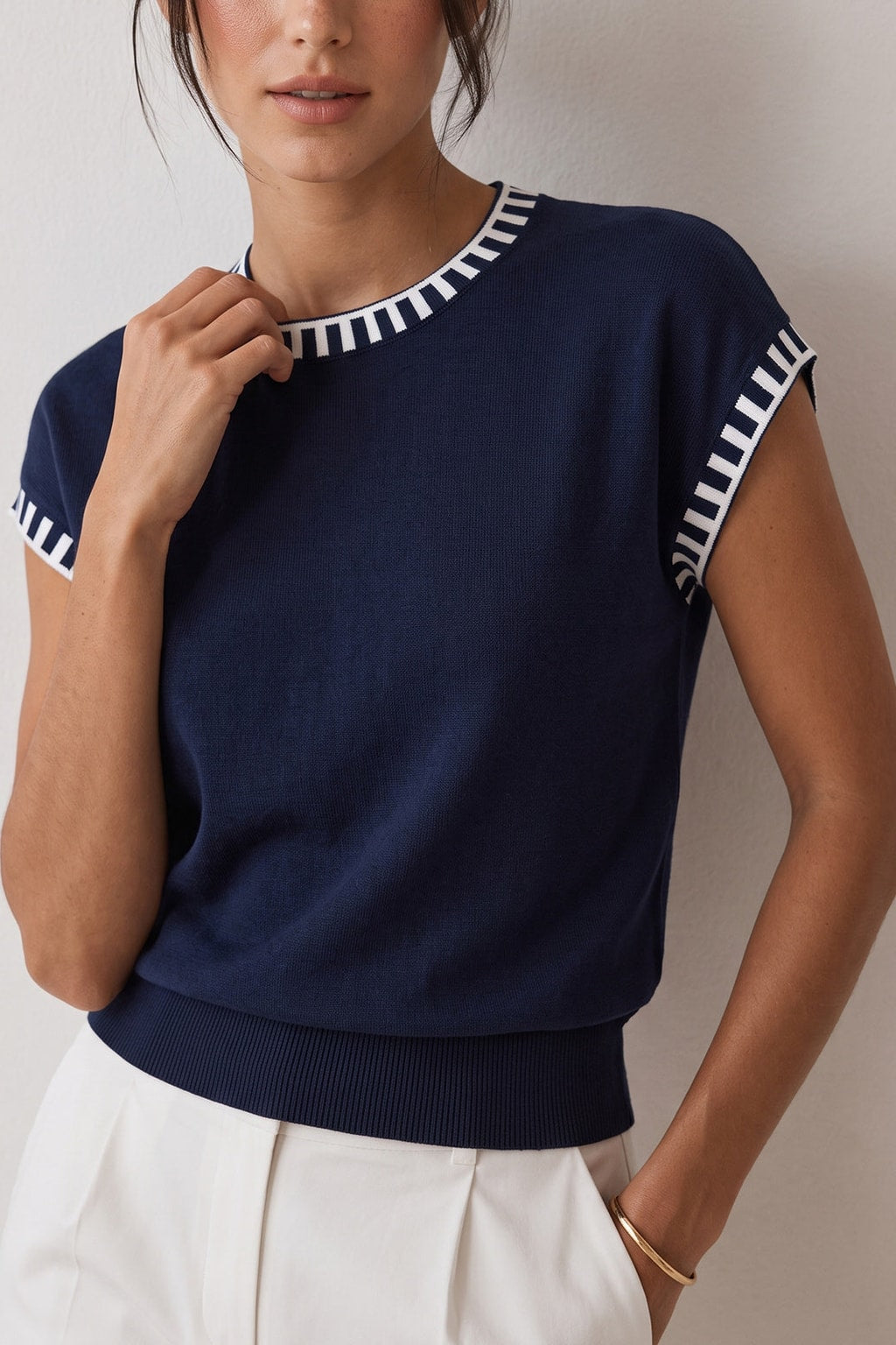 Knit Cap Sleeve Top With Contrast Trim - 5