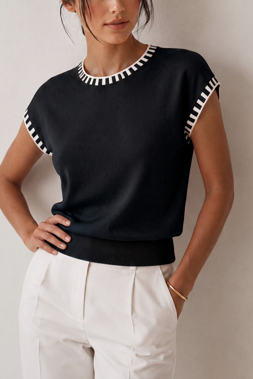 Knit Cap Sleeve Top With Contrast Trim - 6