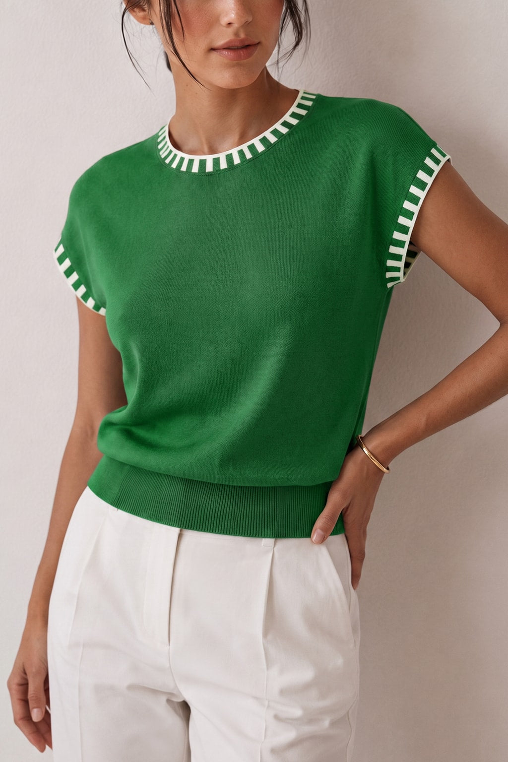 Knit Cap Sleeve Top With Contrast Trim - 8