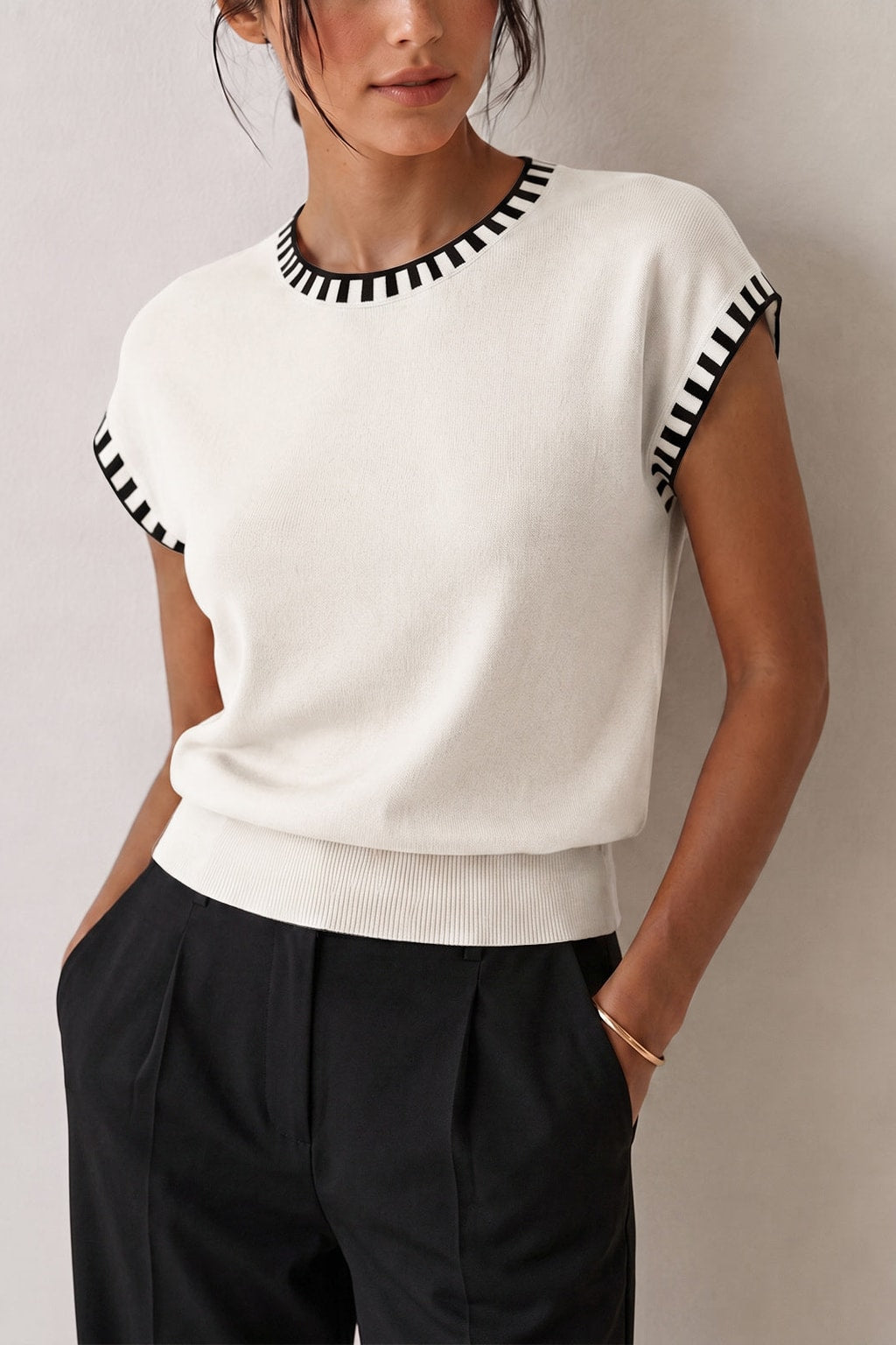 Knit Cap Sleeve Top With Contrast Trim - 7