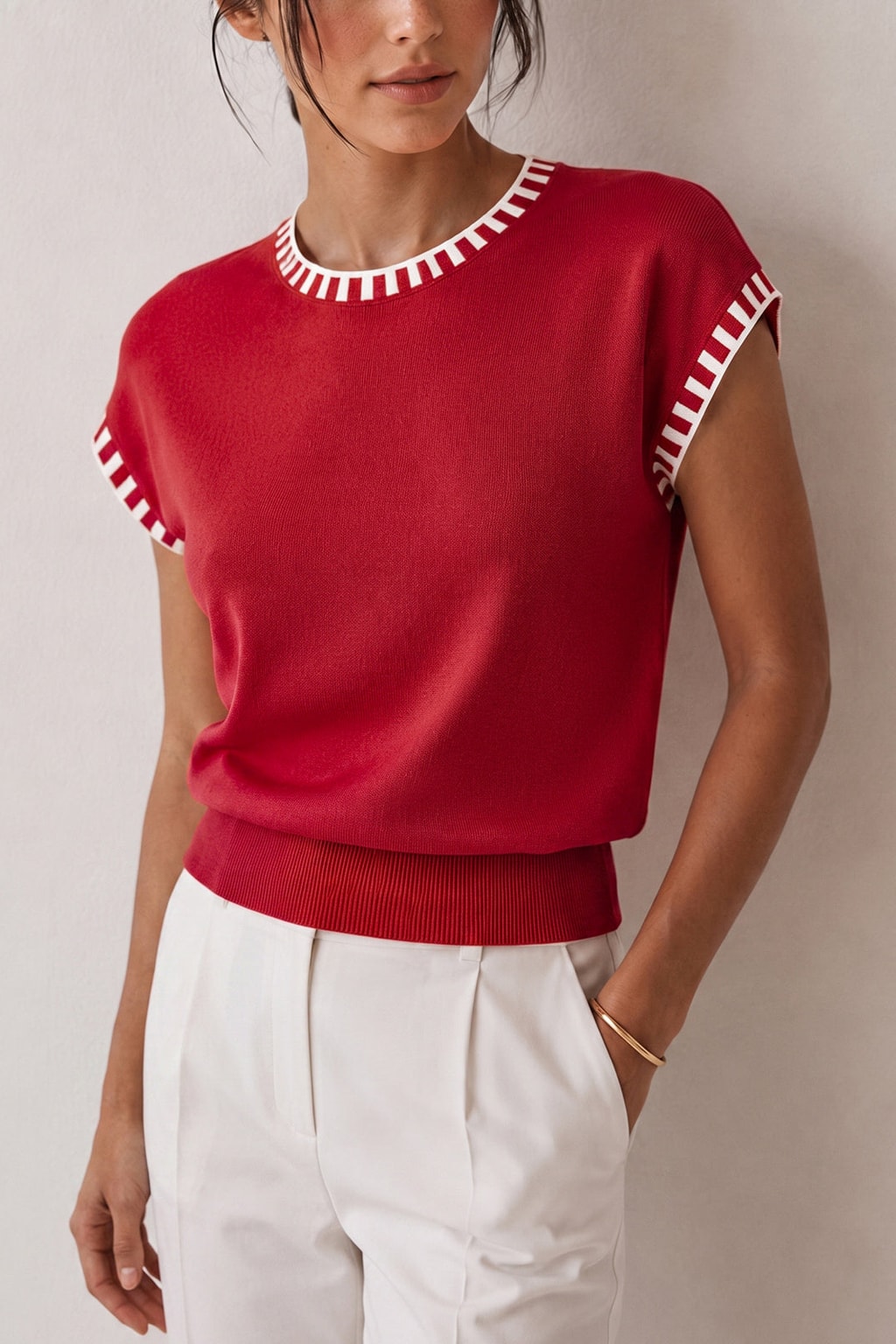 Knit Cap Sleeve Top With Contrast Trim - 10