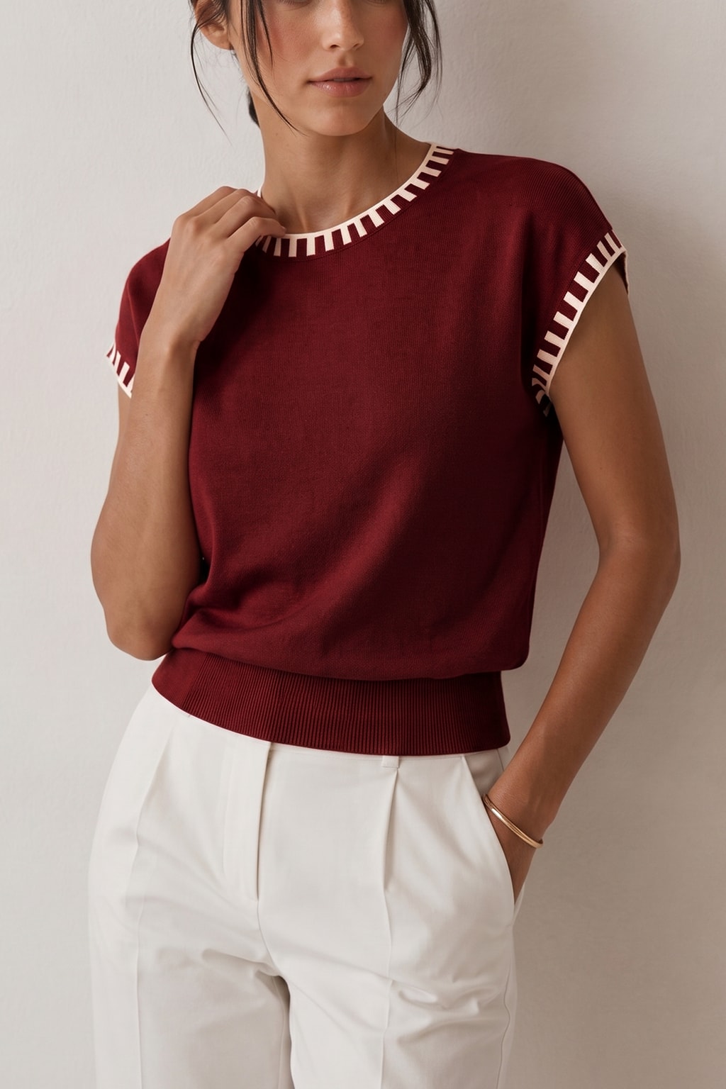 Knit Cap Sleeve Top With Contrast Trim - 9
