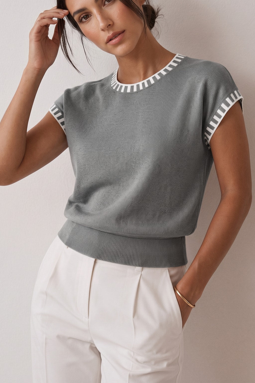 Knit Cap Sleeve Top With Contrast Trim - 12