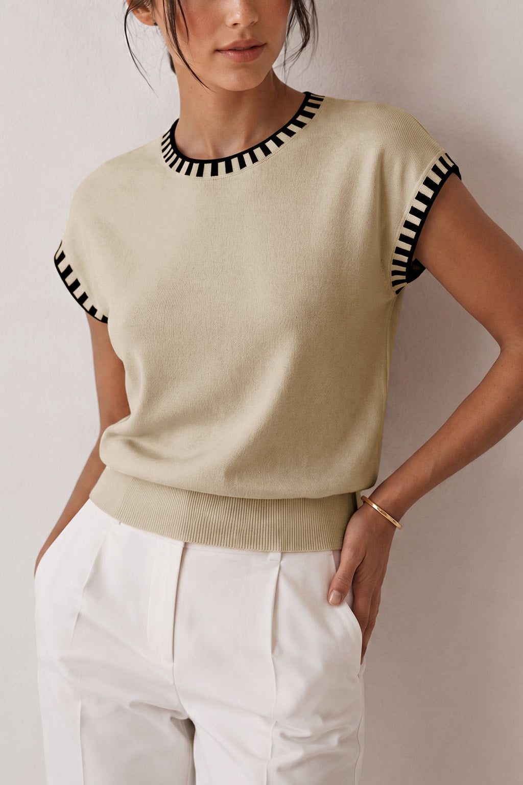 Knit Cap Sleeve Top With Contrast Trim - 11
