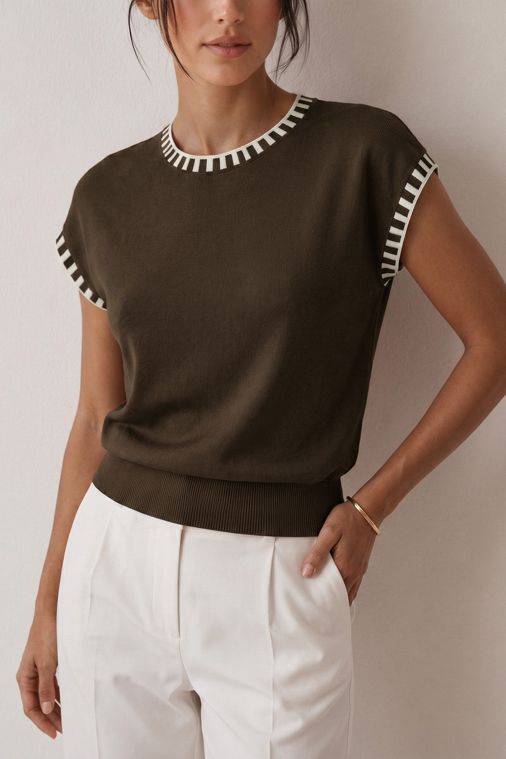 Knit Cap Sleeve Top With Contrast Trim - 13