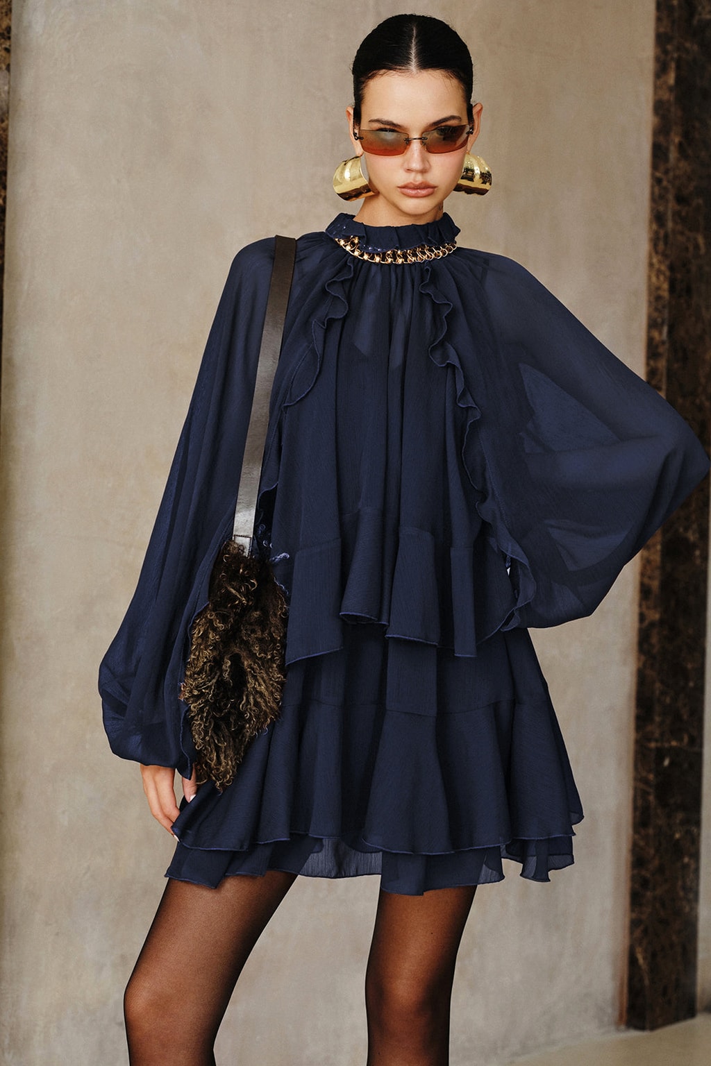 Chiffon Tiered Ruffle Mini Dress - 8