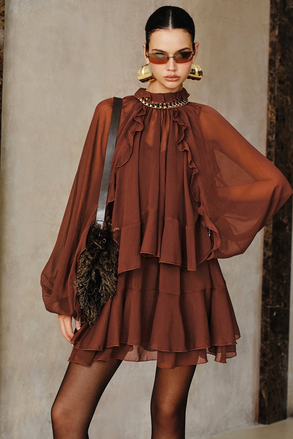 Chiffon Tiered Ruffle Mini Dress - 10