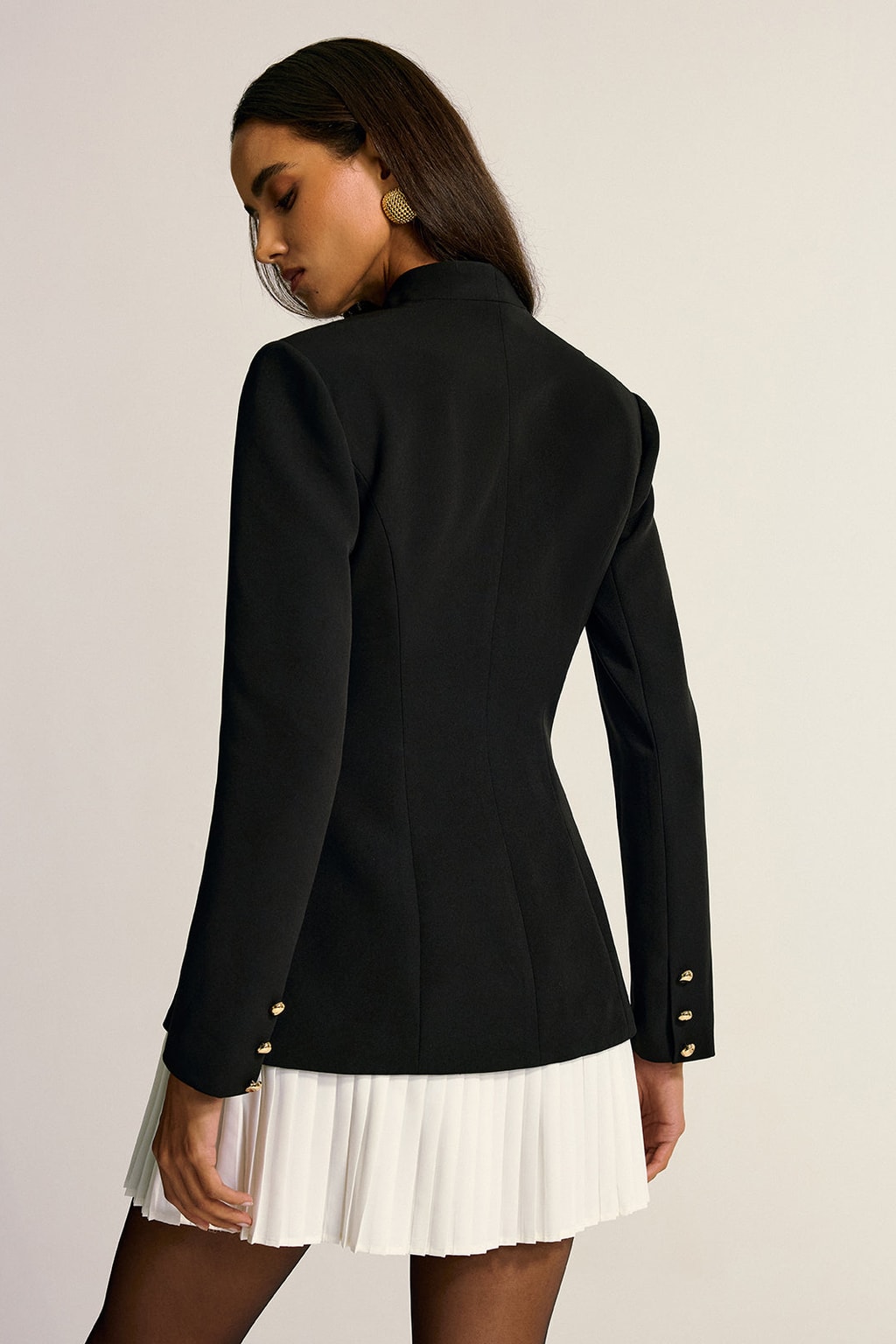 Woven Blazer Dress With Contrast Pleated Hem - 4