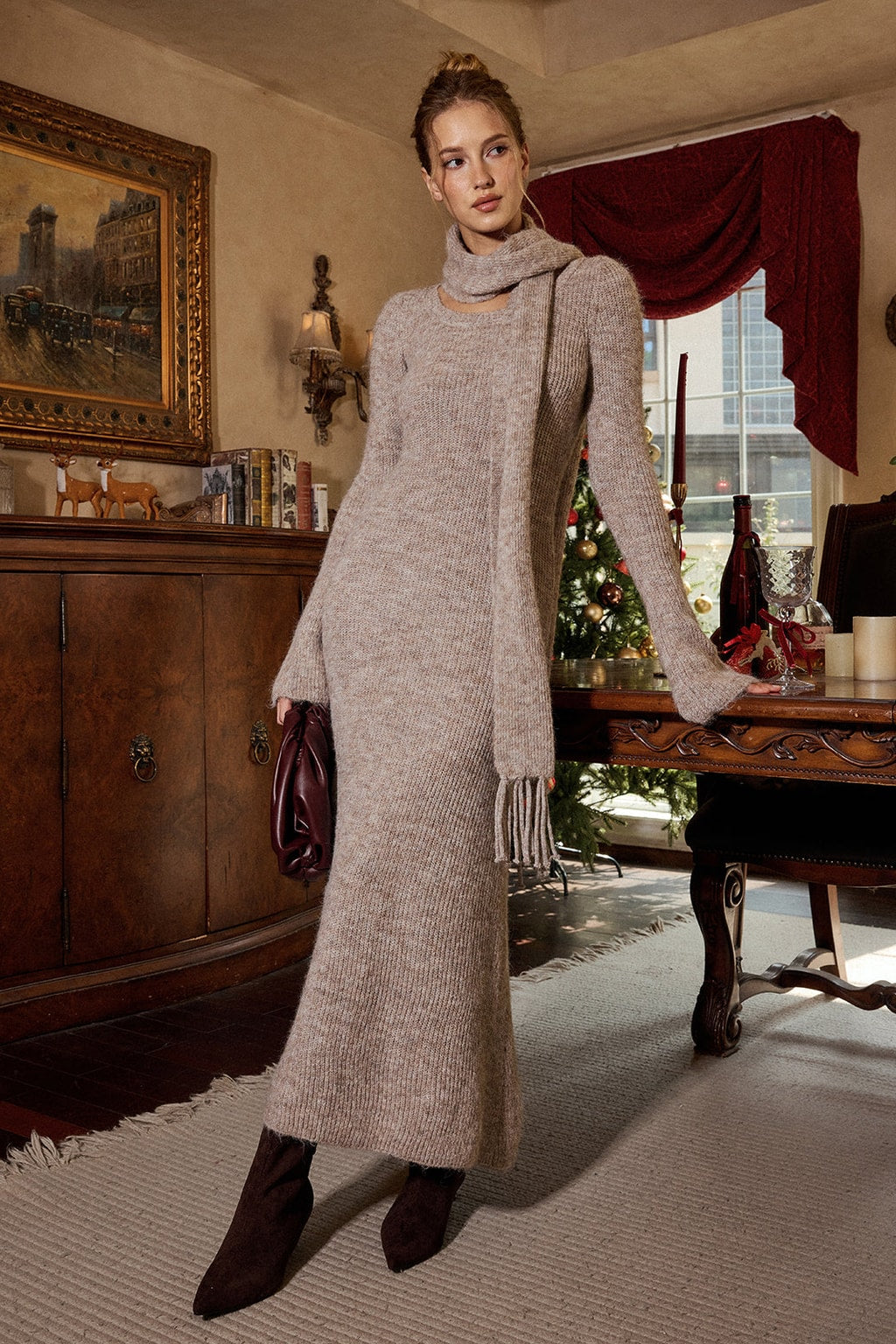 Long Sleeve Knit Sweater Dress With Scarf - 2