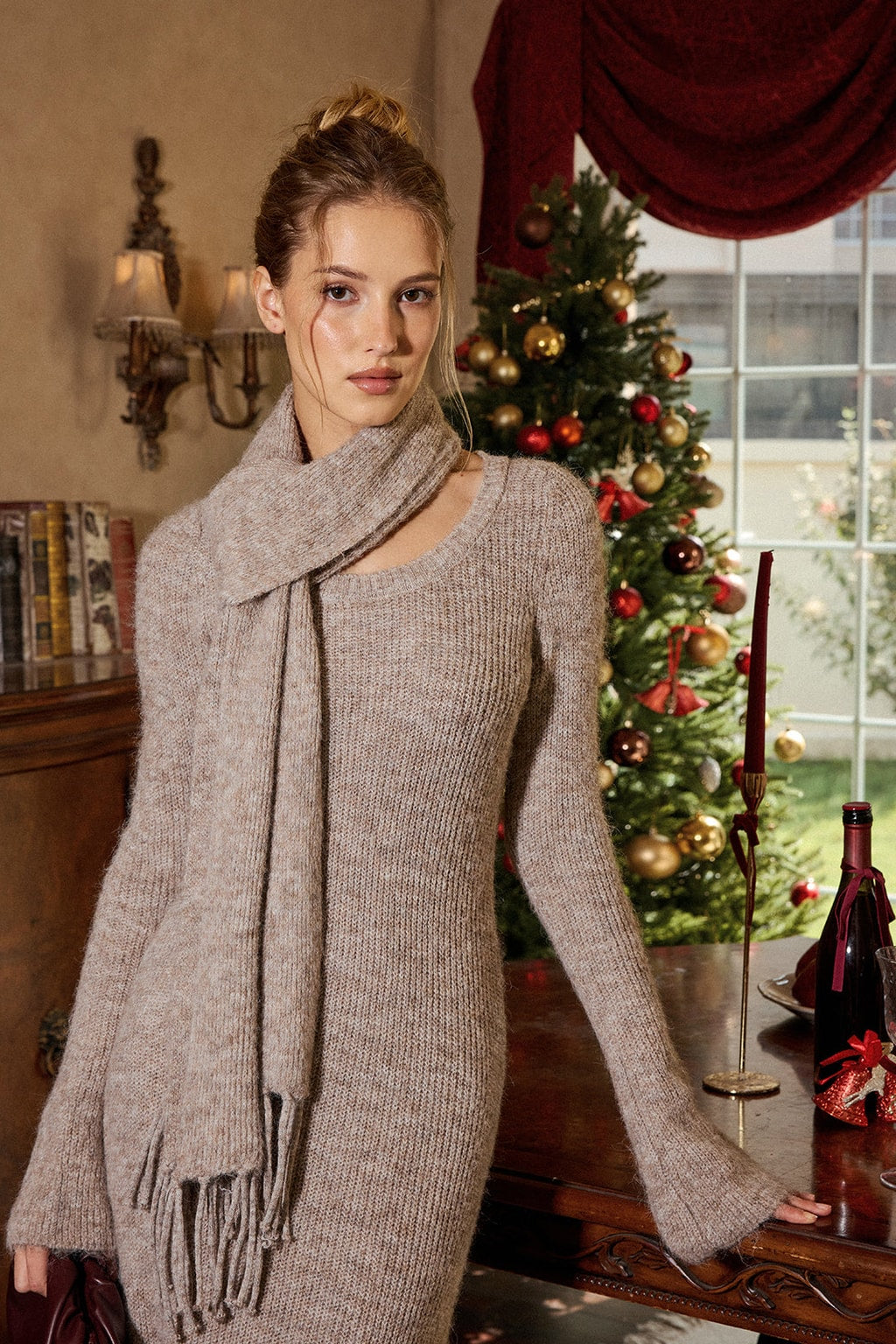 Long Sleeve Knit Sweater Dress With Scarf - 3
