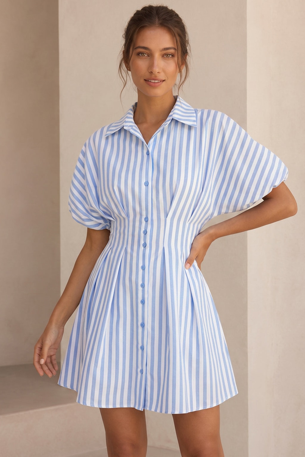 Cotton Blend Striped Cinched-Waist Shirt Dress - 7