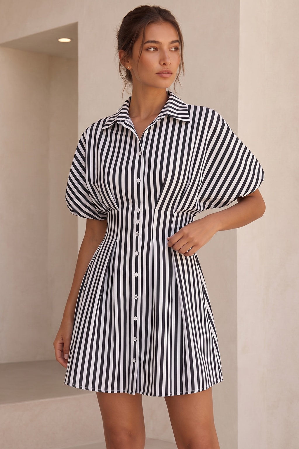 Cotton Blend Striped Cinched-Waist Shirt Dress - 8