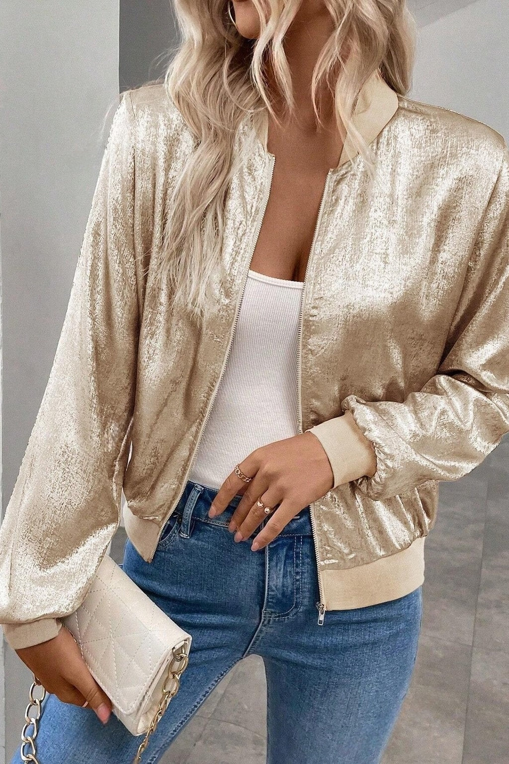 Effortless Fluid Cropped Bomber Jacket with High Funnel Neck - 12