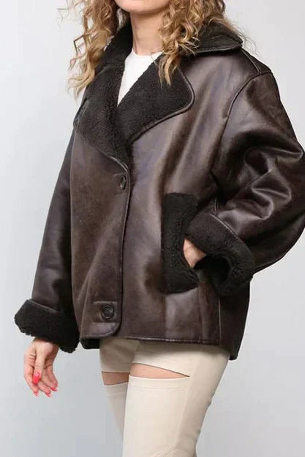 Relaxed Brown Leather Jacket Oversized Collarless Fit - 8