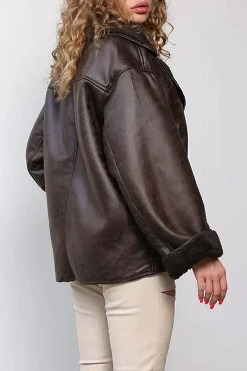 Relaxed Brown Leather Jacket Oversized Collarless Fit - 4