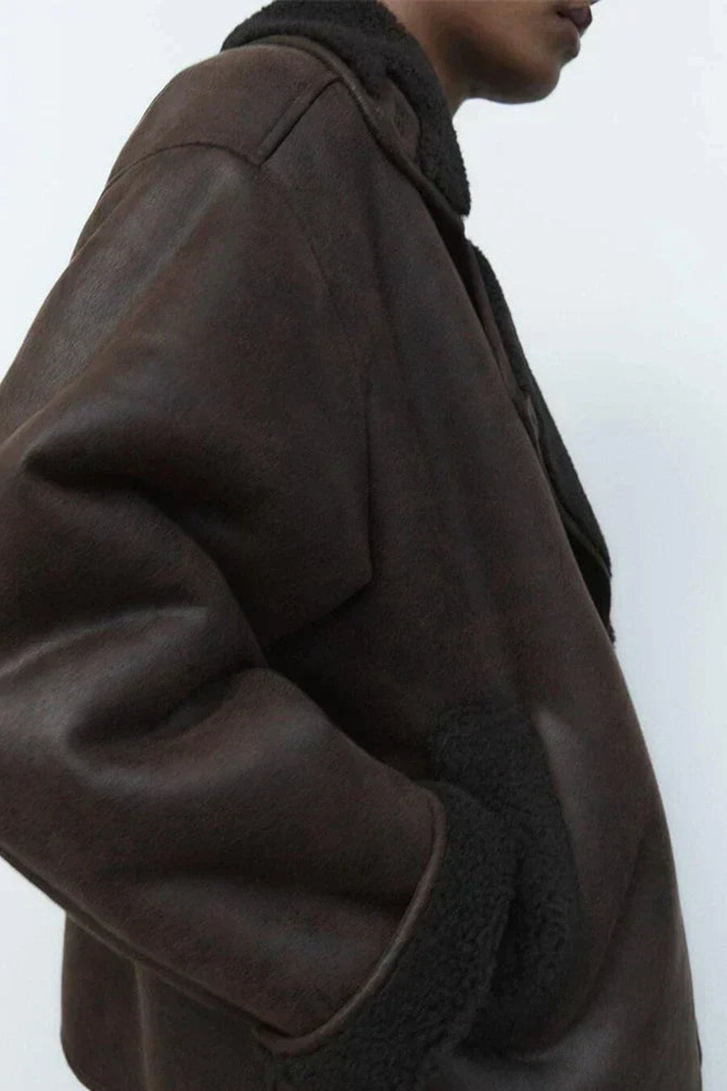 Relaxed Brown Leather Jacket Oversized Collarless Fit - 5