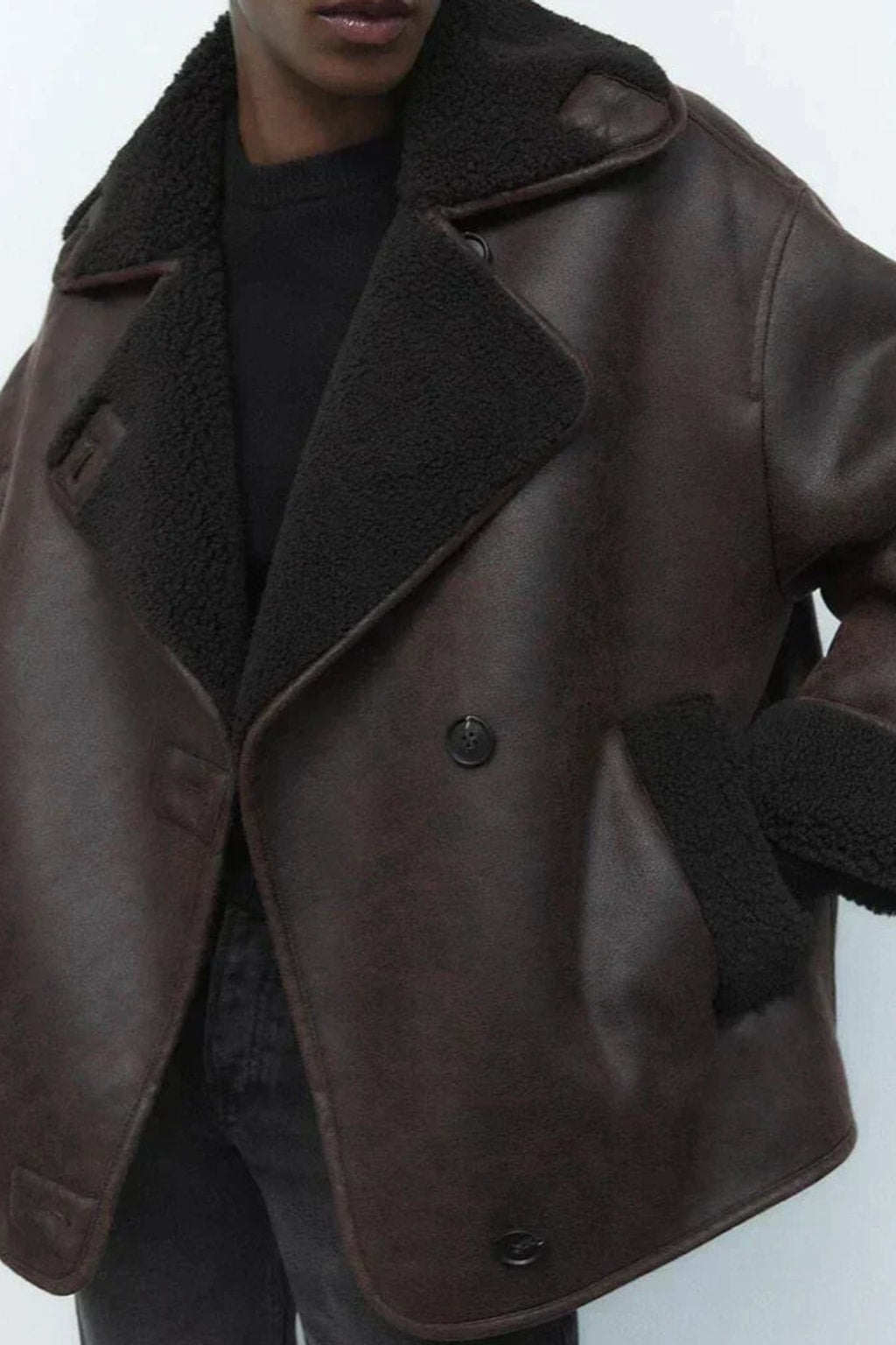 Relaxed Brown Leather Jacket Oversized Collarless Fit - 6