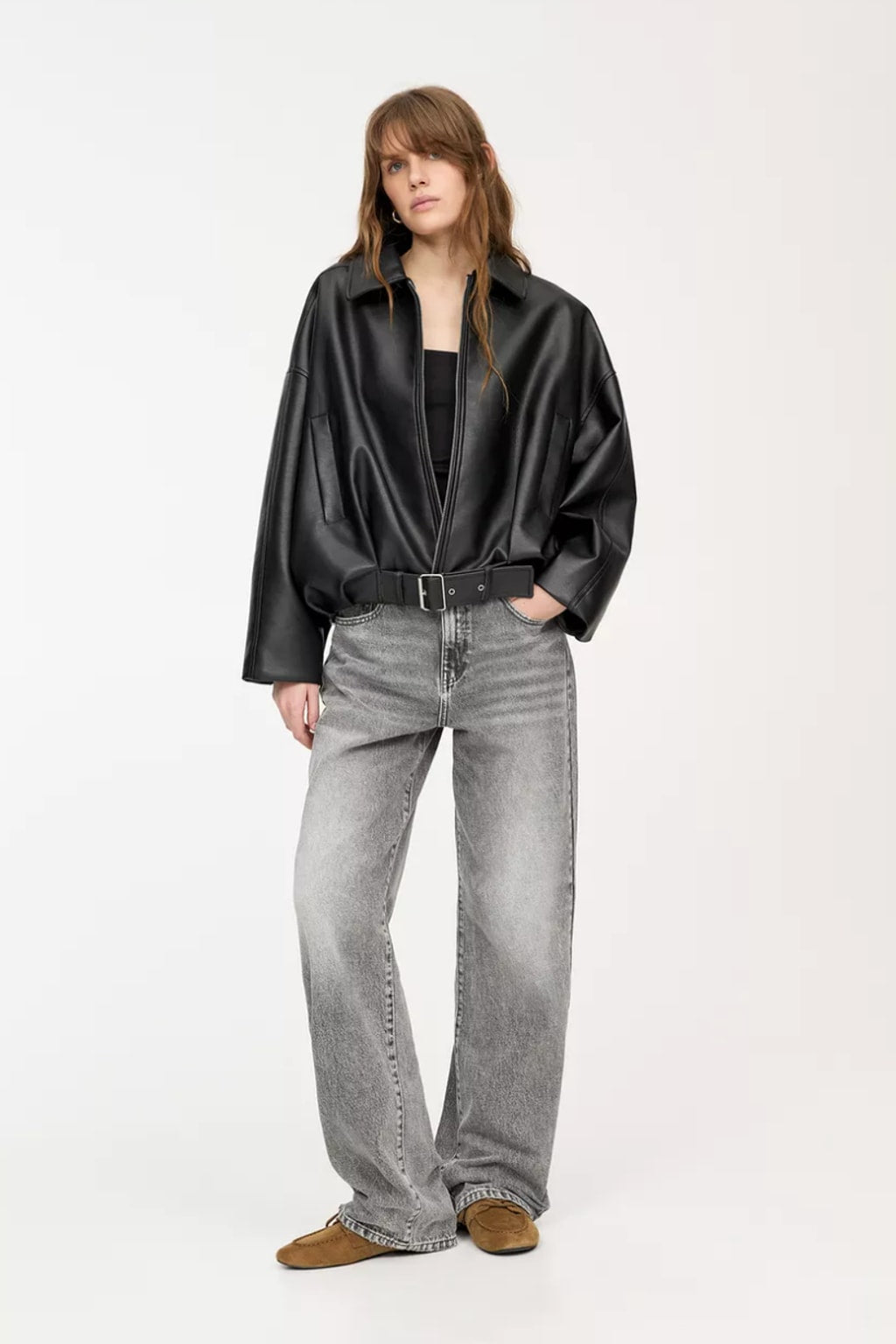 Effortless Leather Jacket with Oversized Belted Fit - 3