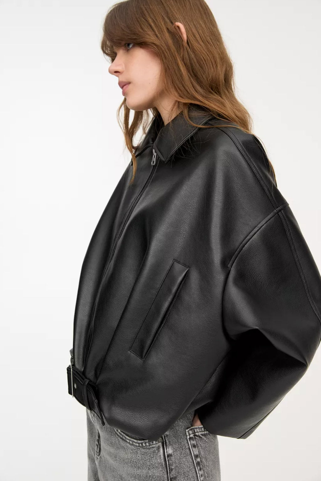 Effortless Leather Jacket with Oversized Belted Fit - 6