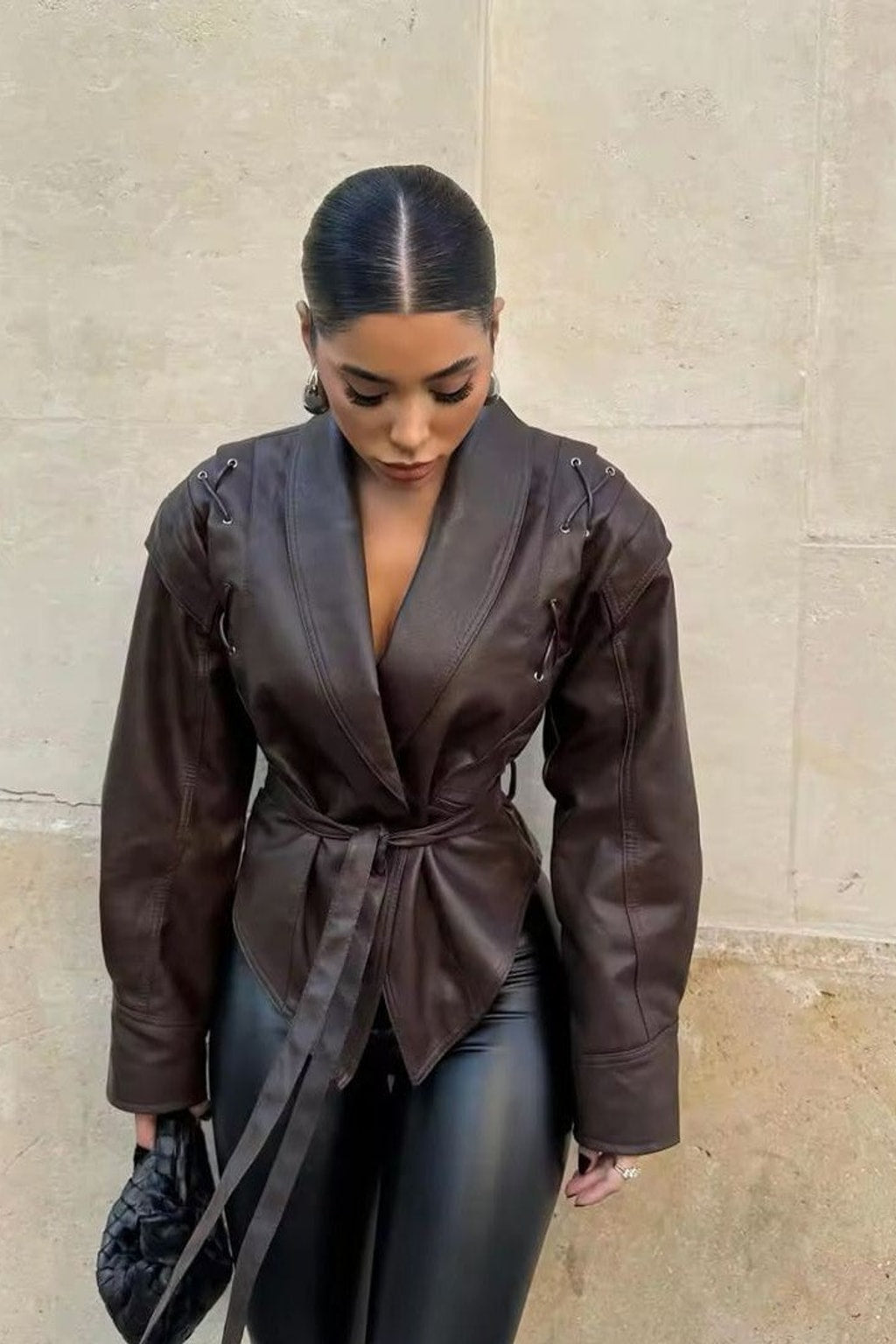 Relaxed Leather Biker Jacket with Notched Lapel - 2