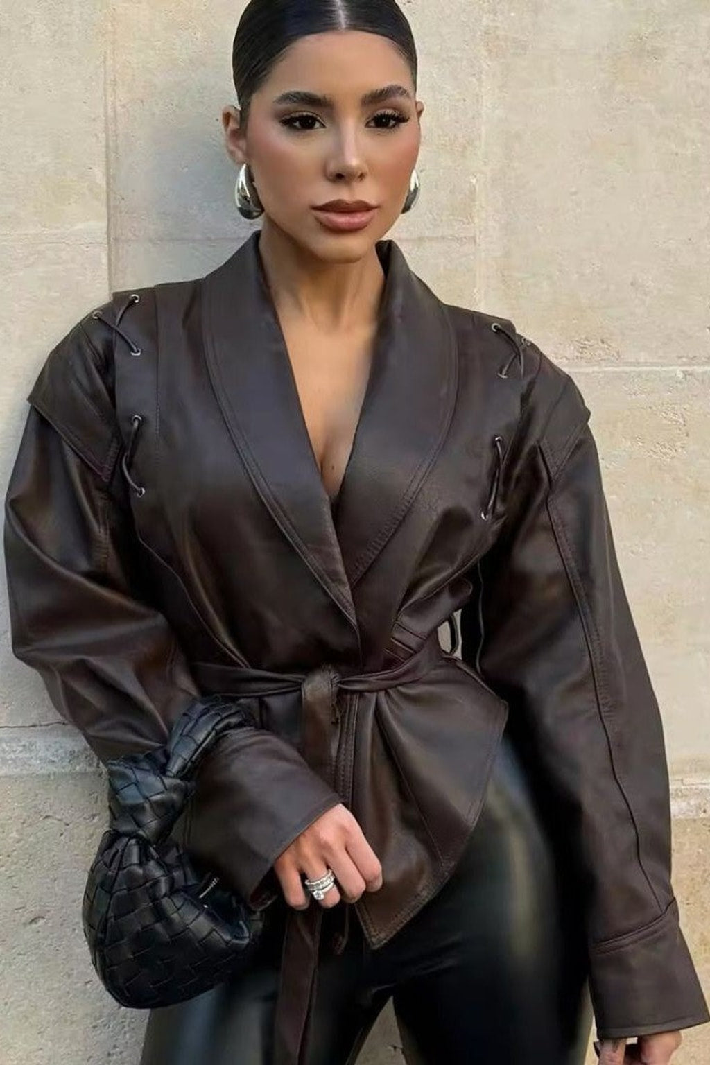 Relaxed Leather Biker Jacket with Notched Lapel - 5