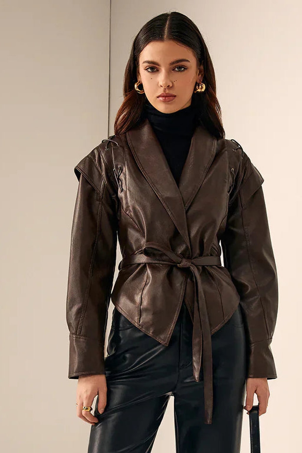 Relaxed Leather Biker Jacket with Notched Lapel - 6