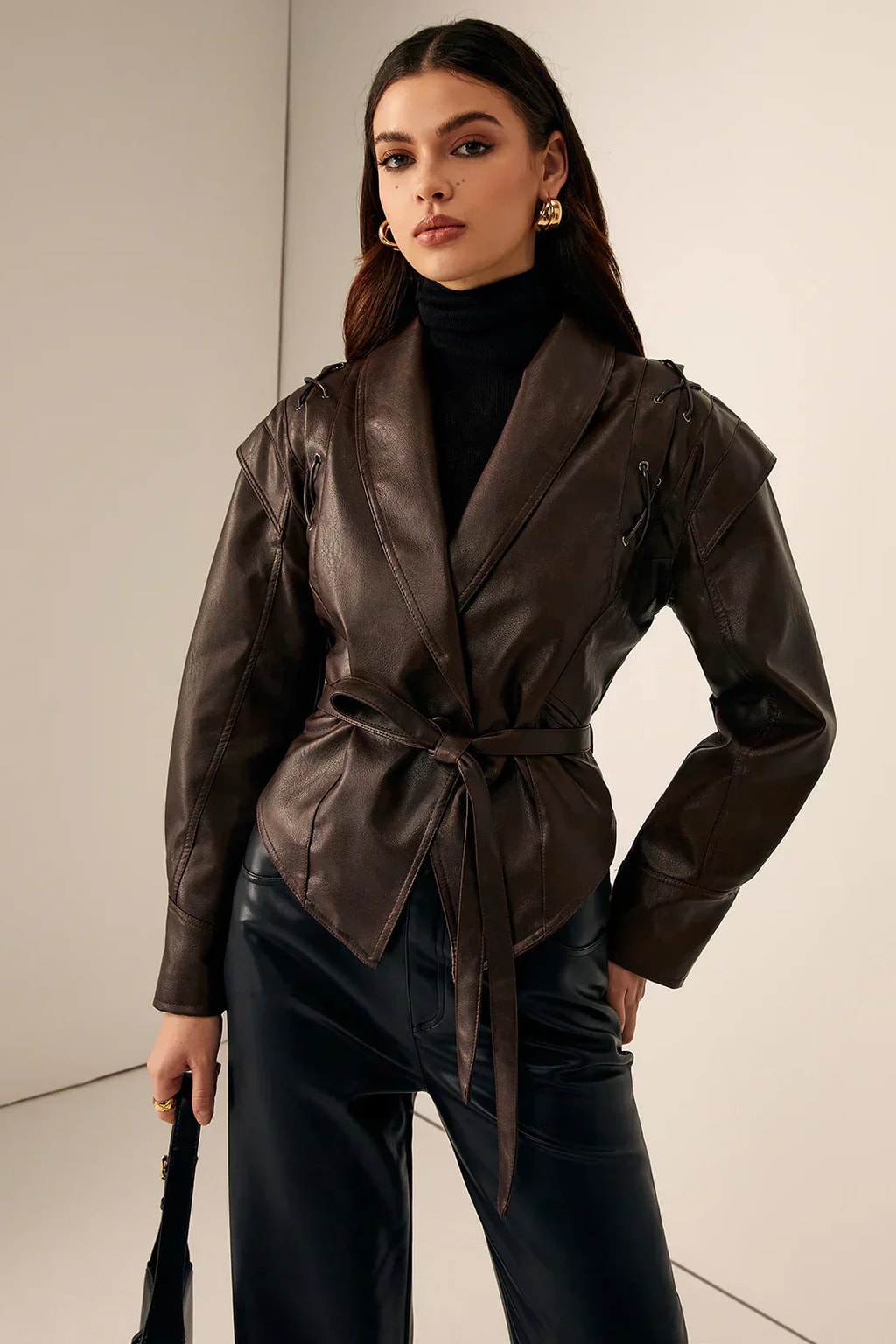 Relaxed Leather Biker Jacket with Notched Lapel - 8
