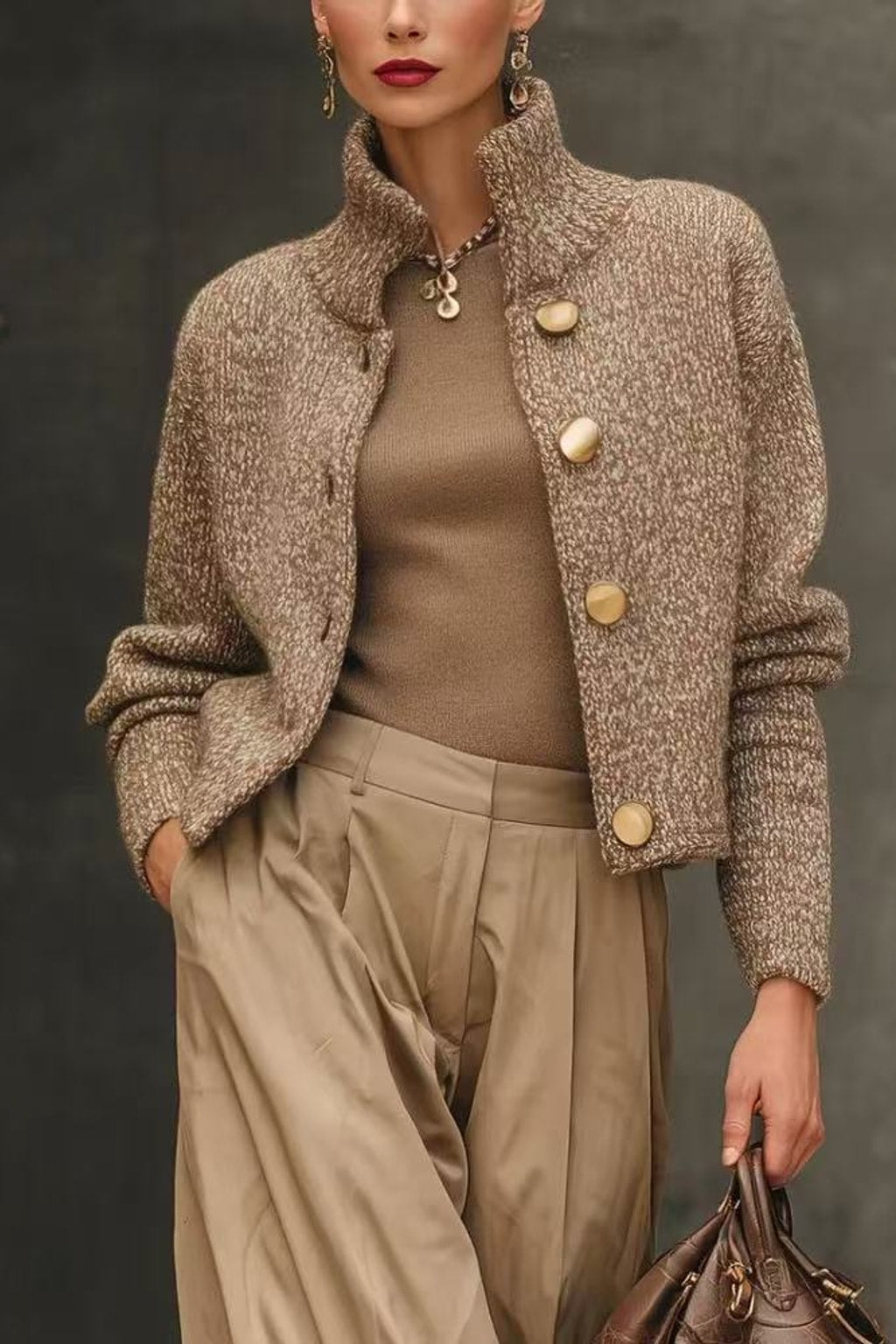Knit Sweater Jacket with Stand Collar - 2