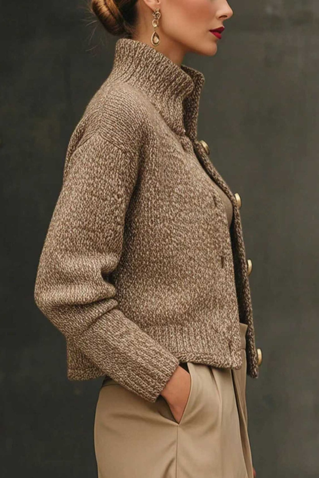 Knit Sweater Jacket with Stand Collar - 4