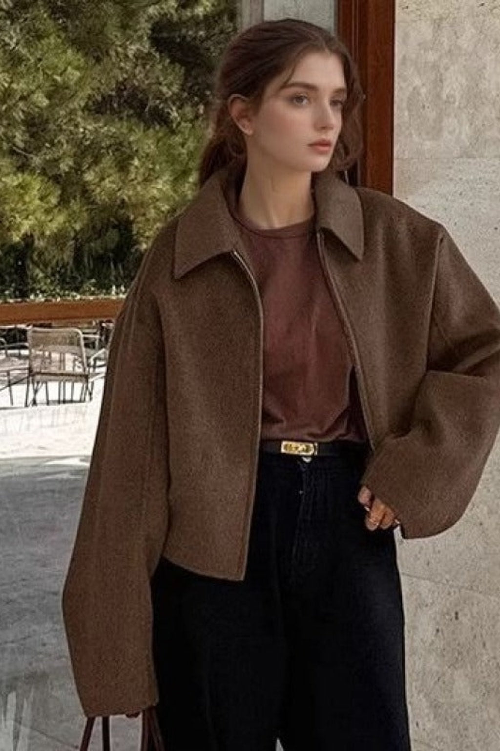 Cozy Wool Blend Cropped Jacket With Wide Collar - 7