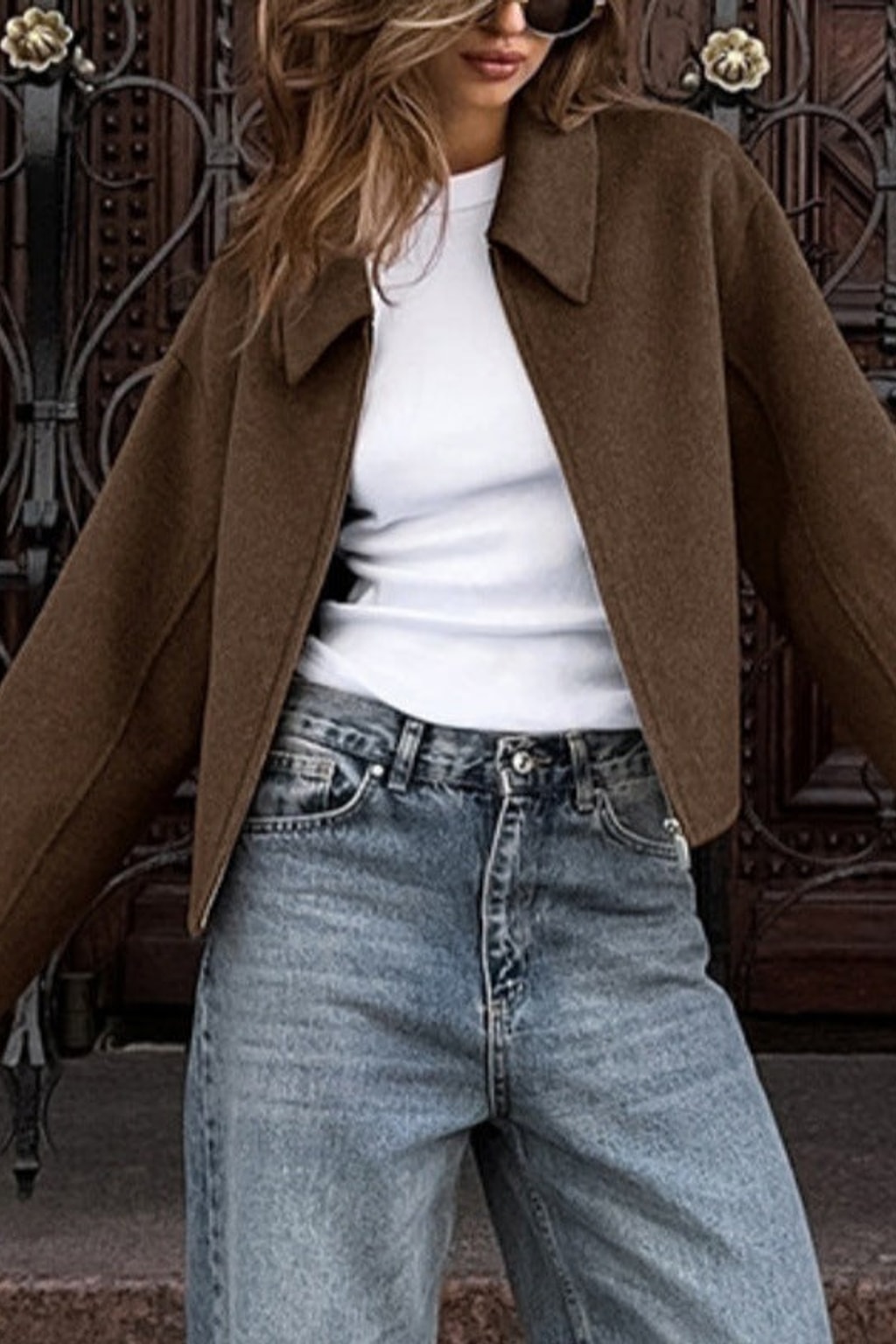Cozy Wool Blend Cropped Jacket With Wide Collar - 8