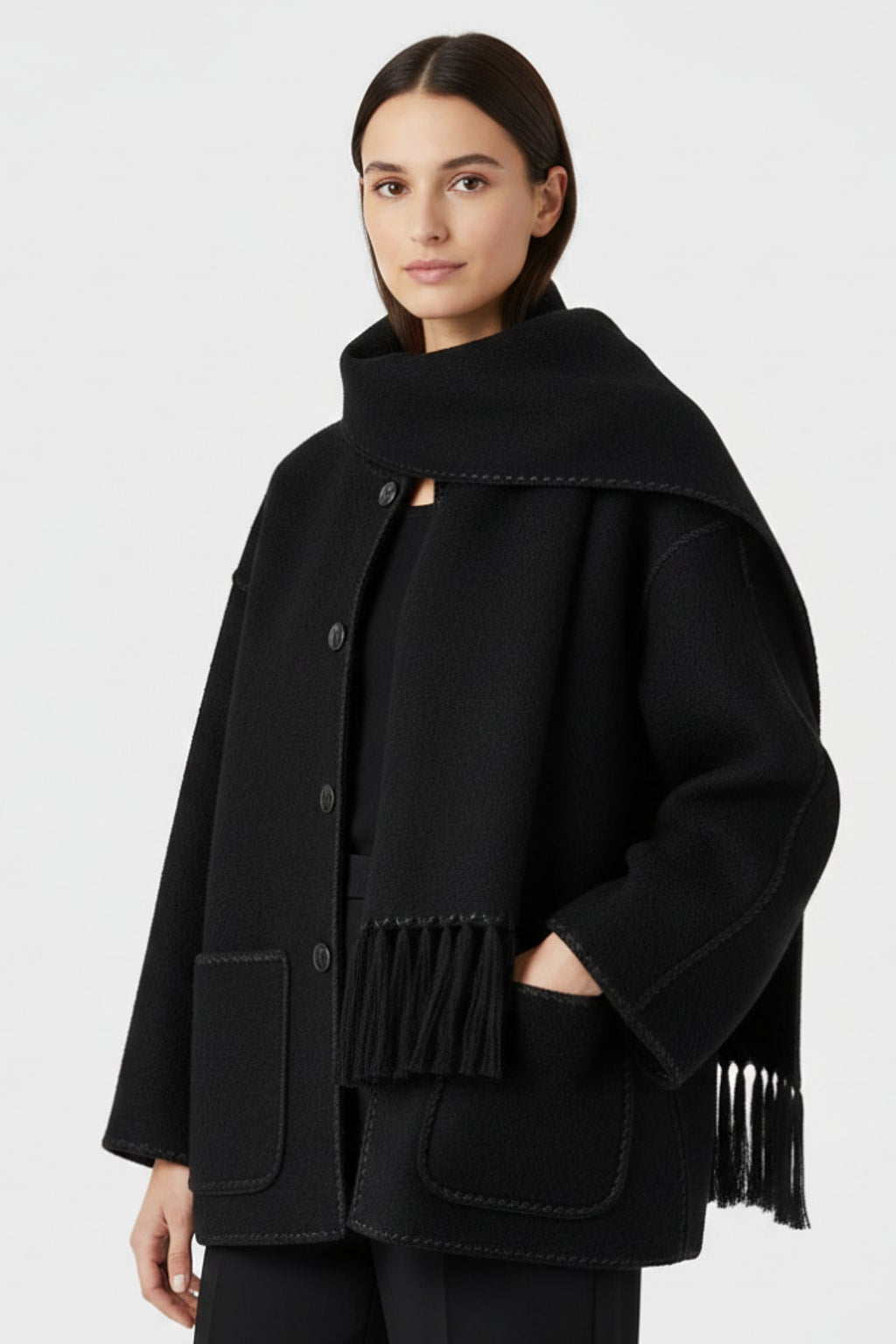 Cozy Wool-Blend Draped Coat With Attached Scarf - 3