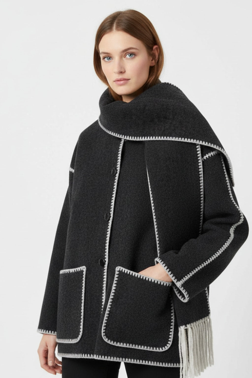 Cozy Wool-Blend Draped Coat With Attached Scarf - 4
