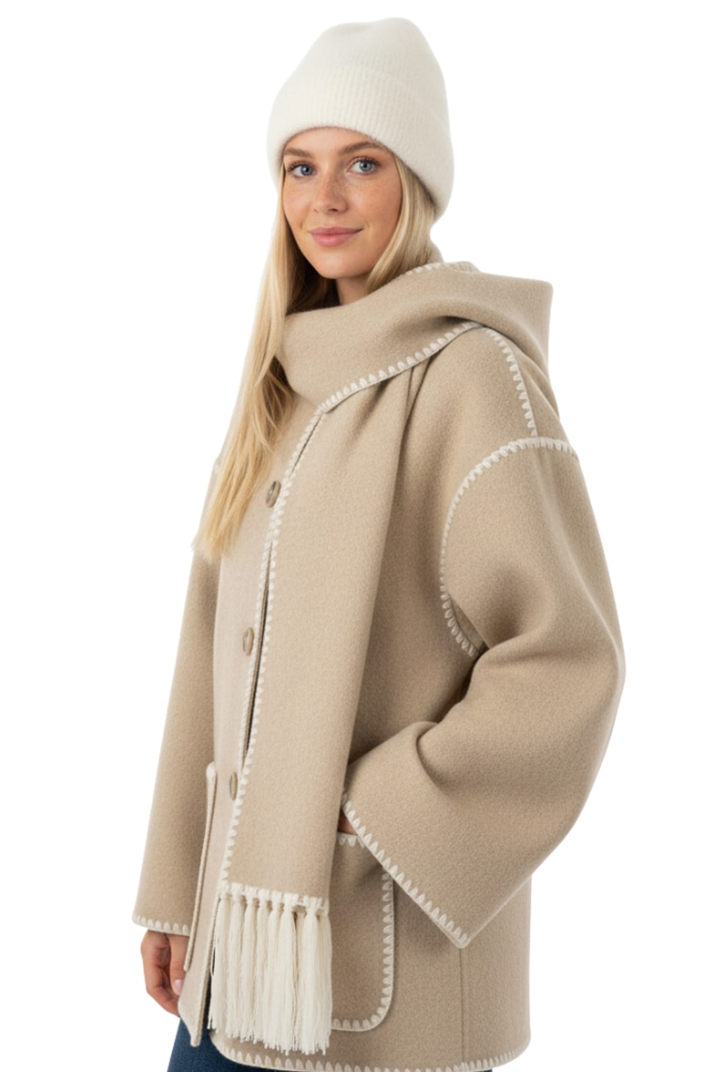 Cozy Wool-Blend Draped Coat With Attached Scarf - 5