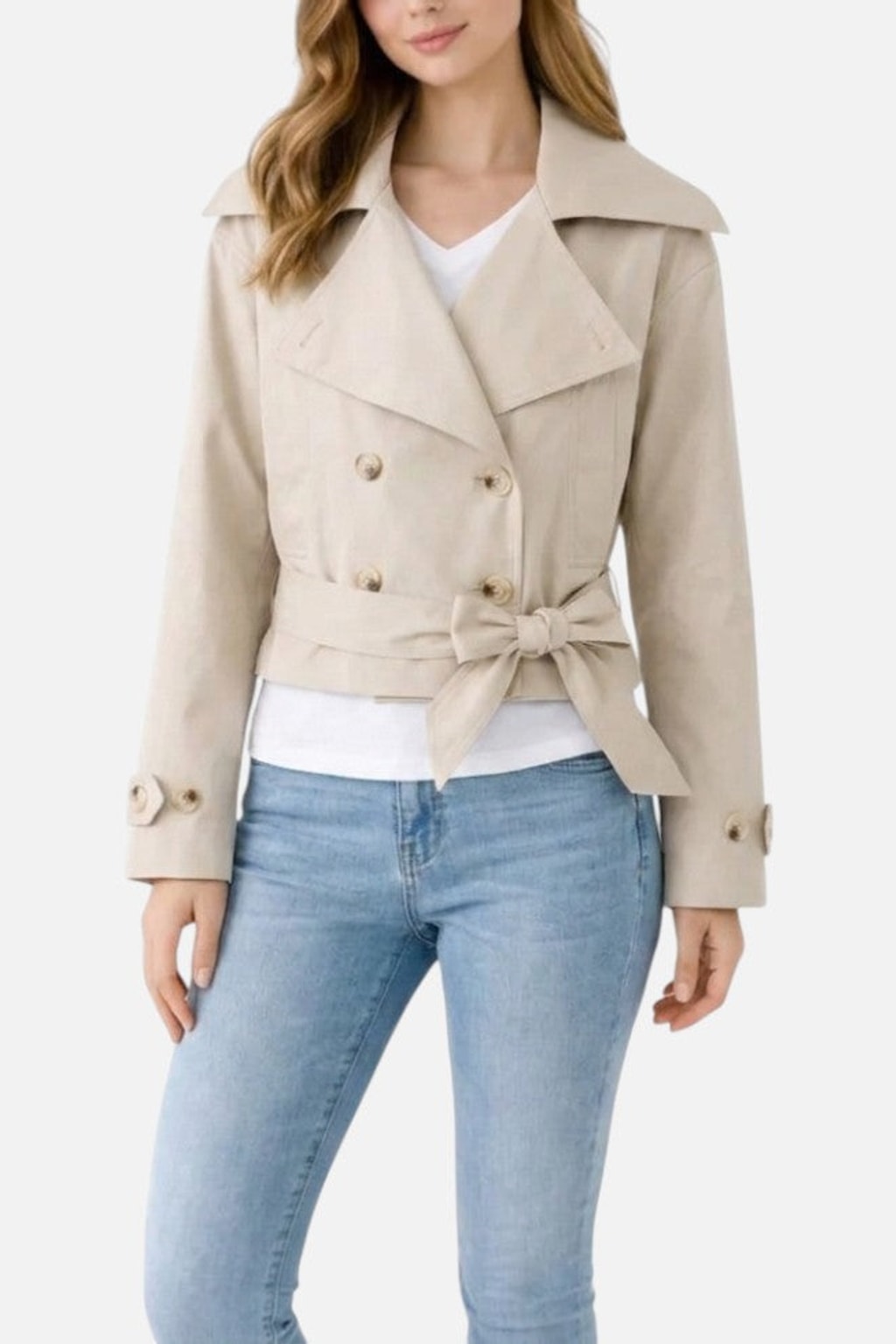 Cropped Trench Jacket With Belted Notch Collar - 3