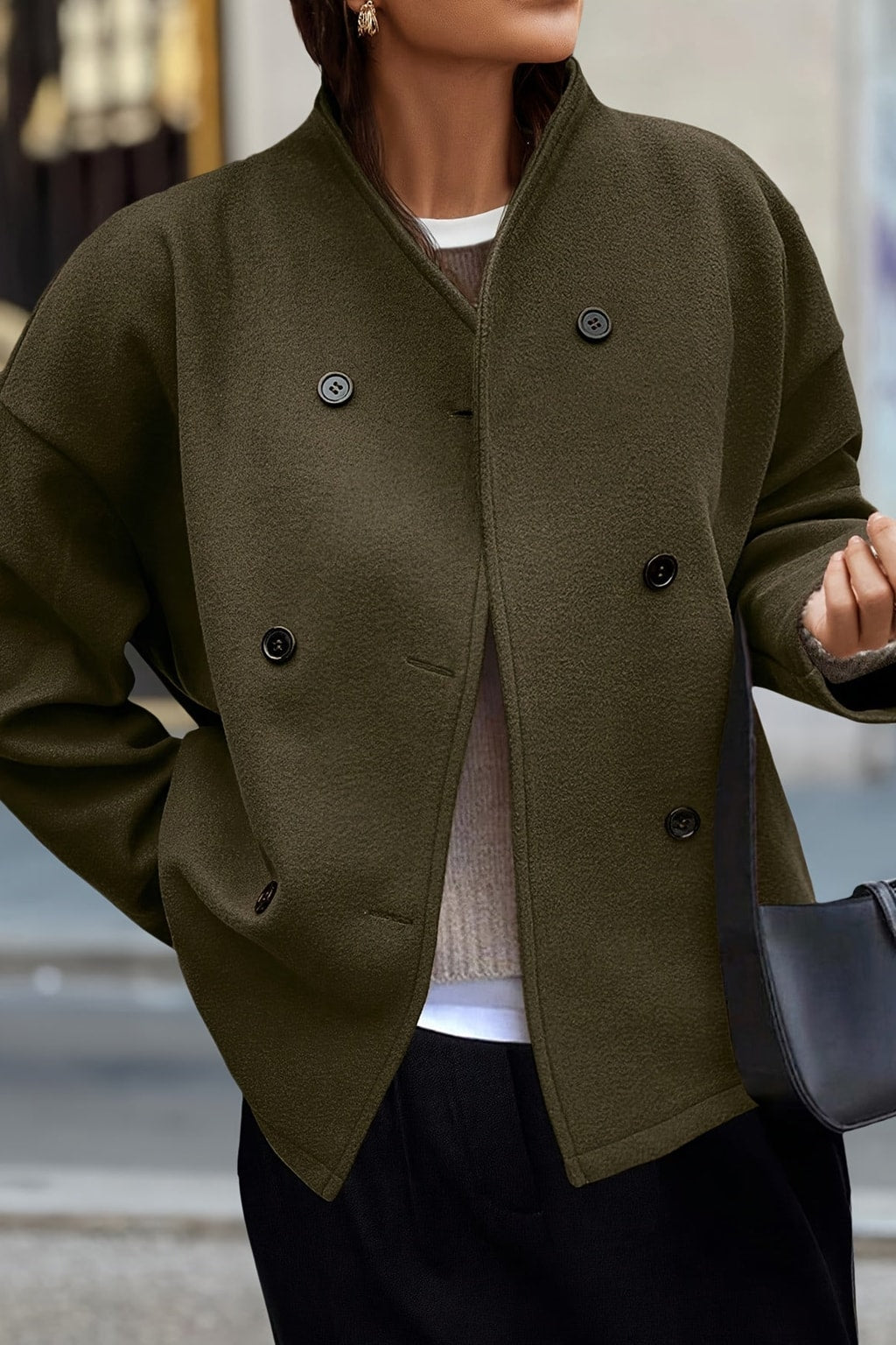 Cozy Dark Green Fleece Pea Coat With Stand Collar - 7