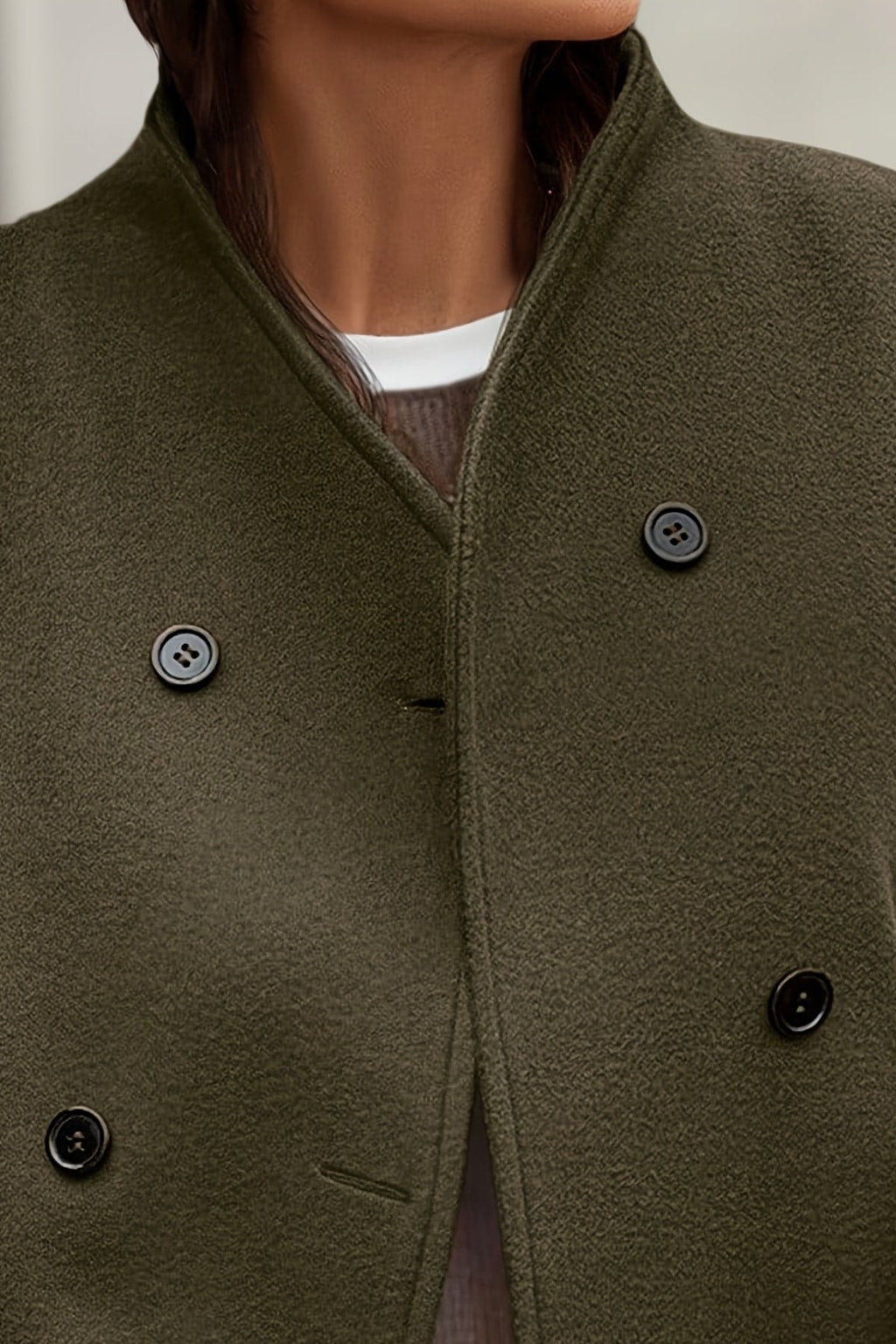 Cozy Dark Green Fleece Pea Coat With Stand Collar - 4