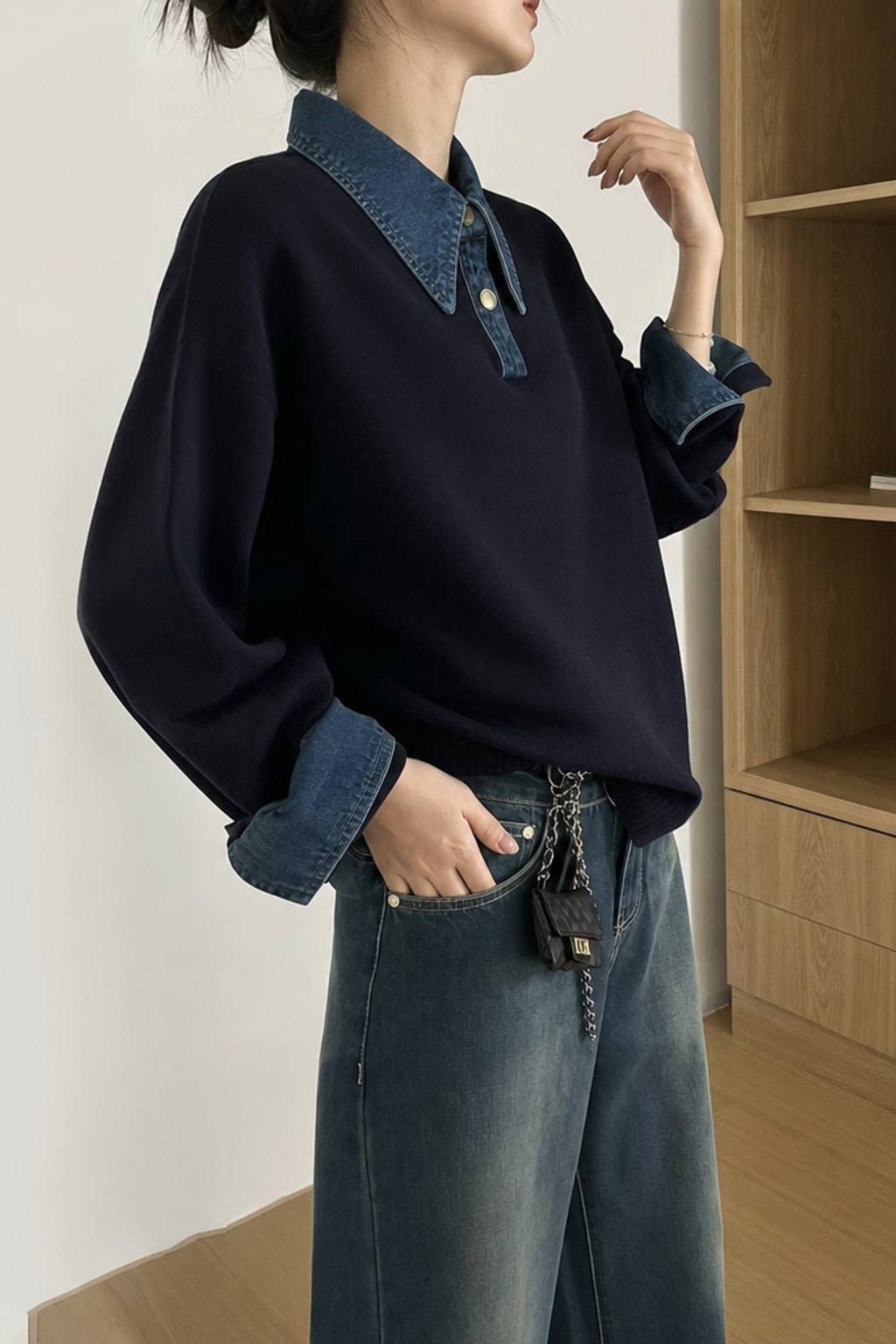 Knit Panel Lapel Relaxed Sweater - 3
