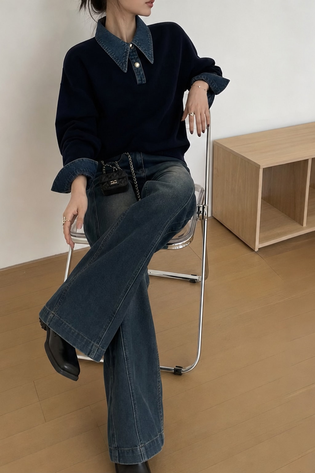 Knit Panel Lapel Relaxed Sweater - 4