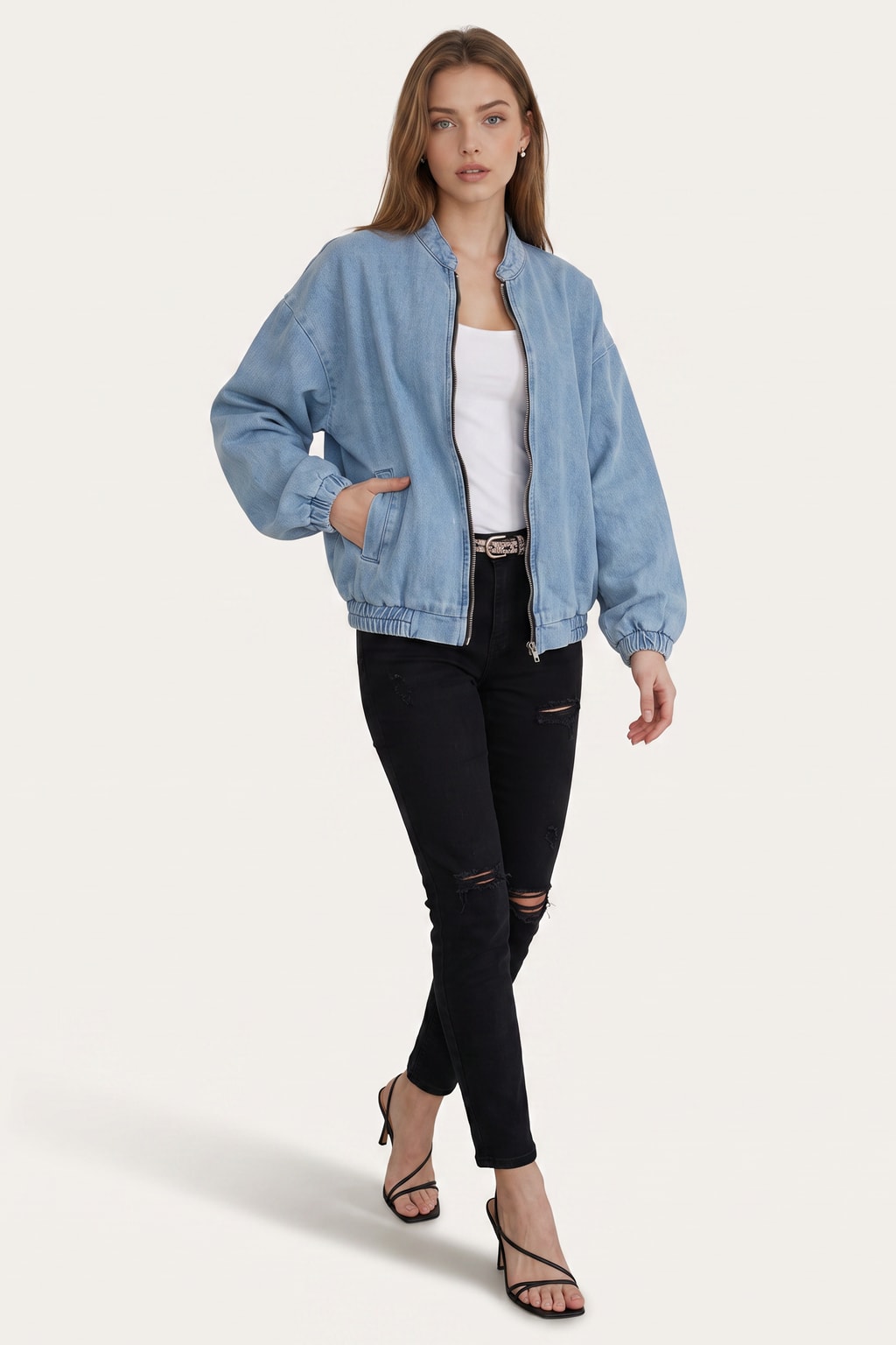 Blue Lightweight Effortless Bomber Jacket with Zip Closure - 3
