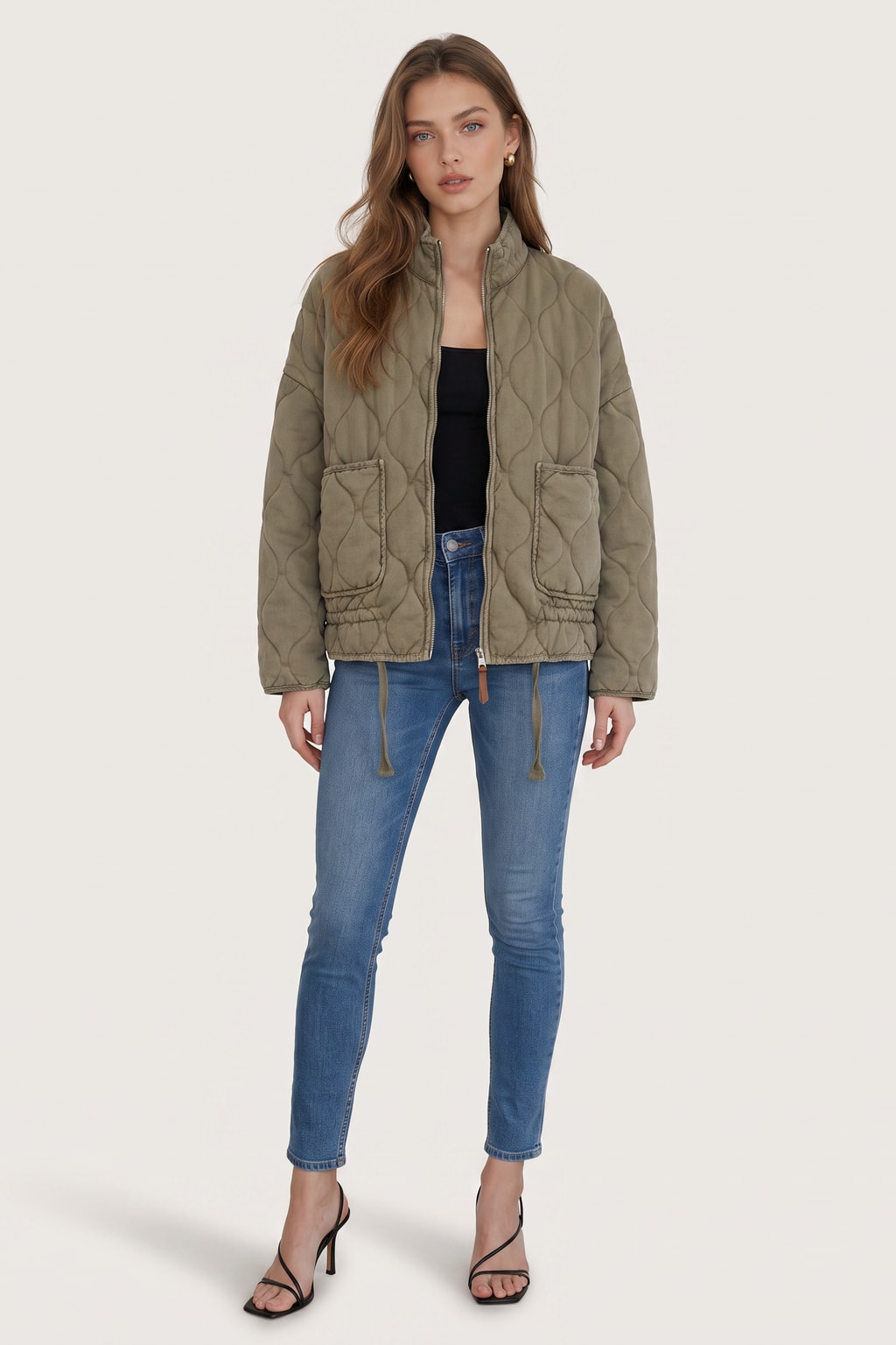 Quilted Zip-Up Jacket with Adjustable Waist - 3