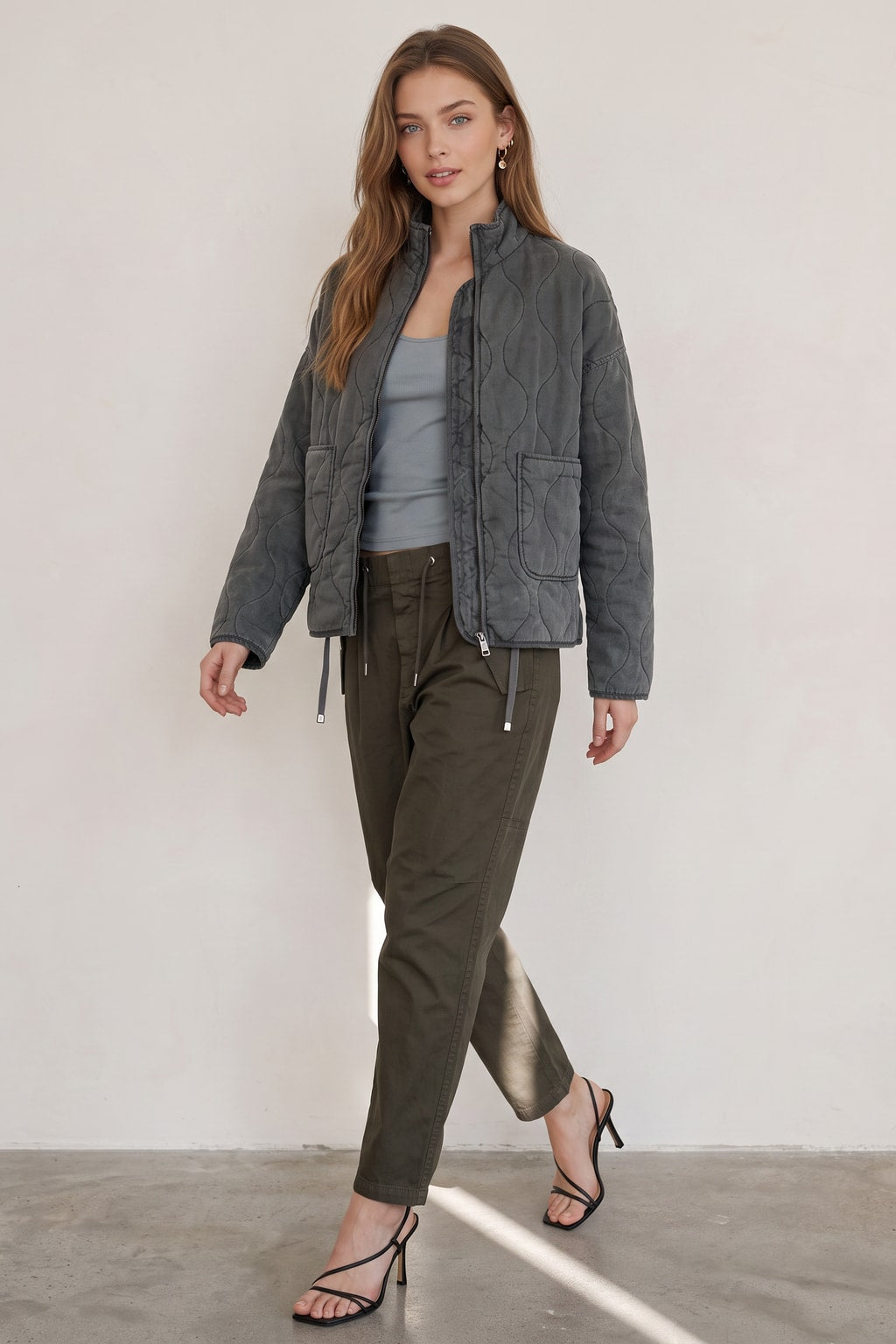 Quilted Zip-Up Jacket with Adjustable Waist - 4