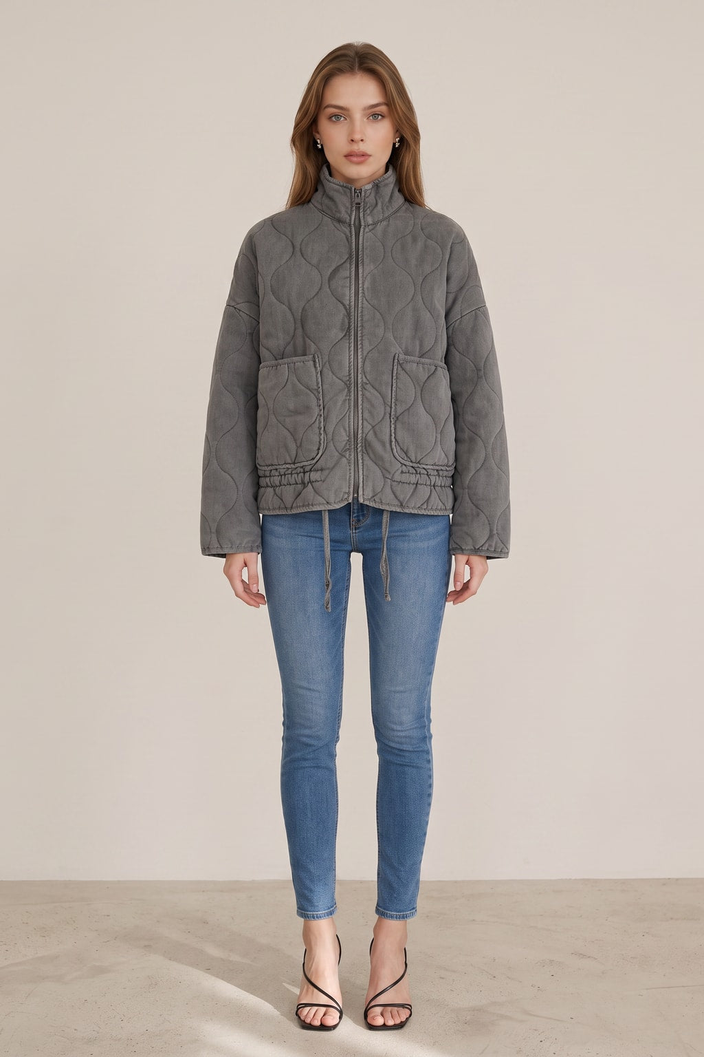 Quilted Zip-Up Jacket with Adjustable Waist - 6