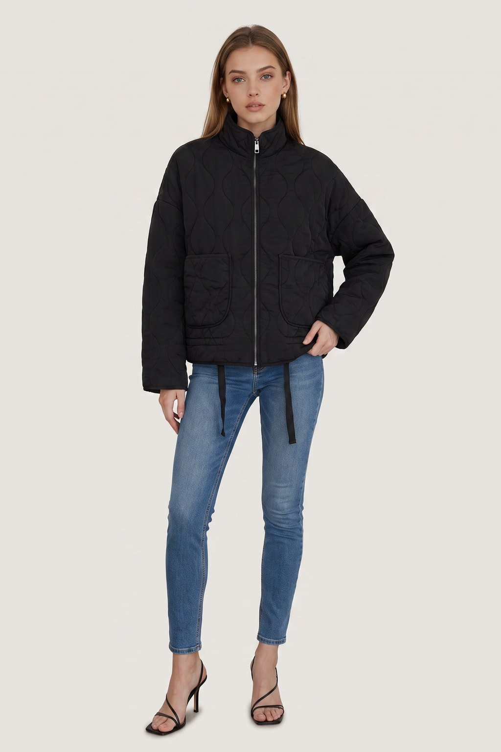 Quilted Zip-Up Jacket with Adjustable Waist - 7
