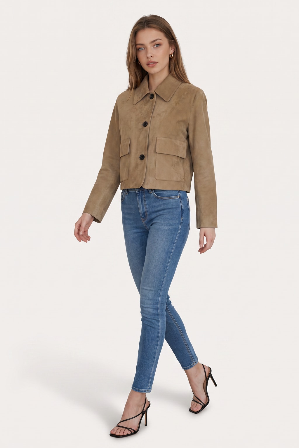 Chic Short Suede Jacket in Beige Minimalist Fit - 4